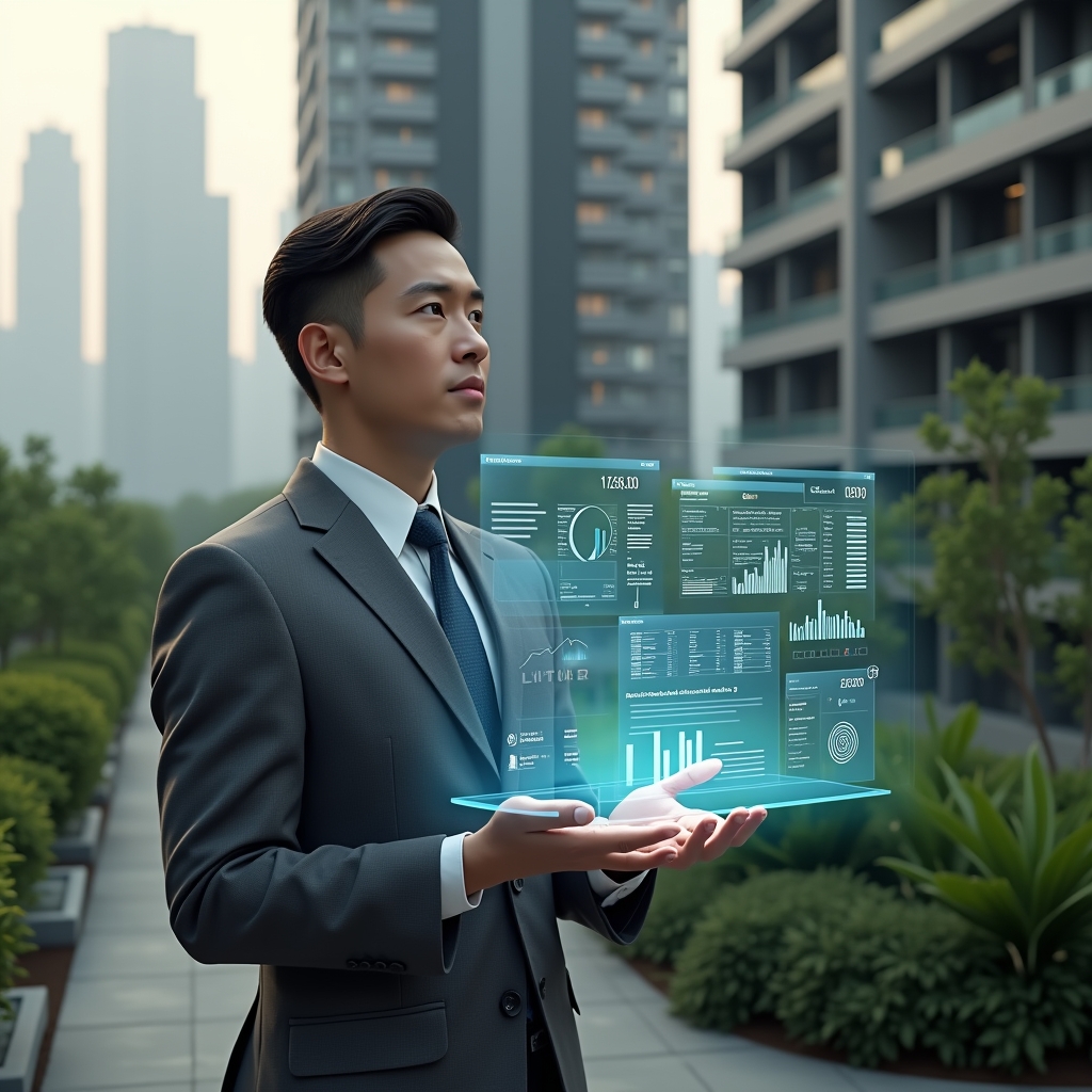 (Ultra-realistic condominium manager in a charcoal gray suit, set in a modern luxury condominium environment with high-rise buildings and lush green landscaping, mid shot focusing on the manager interacting with a floating holographic financial dashboard displaying charts and invoices, confident and focused expression, holographic icons of reports and invoices orbiting around, cinematic lighting, shallow depth of field, highly detailed textures, realistic skin, photographic realism, 8k resolution --ar 1:1 --v 6)