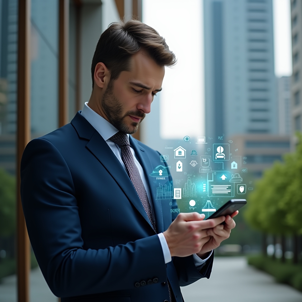 Ultra-realistic condo manager in a navy suit, set in a modern luxury condominium environment with high-rise buildings and lush landscaped gardens, holding a smartphone and interacting with a floating holographic condominium management app interface, confident expression, symbolic app icons and notifications surrounding the device, cinematic lighting, shallow depth of field, highly detailed textures, realistic skin, photographic realism, 8k resolution --ar 1:1 --v 6