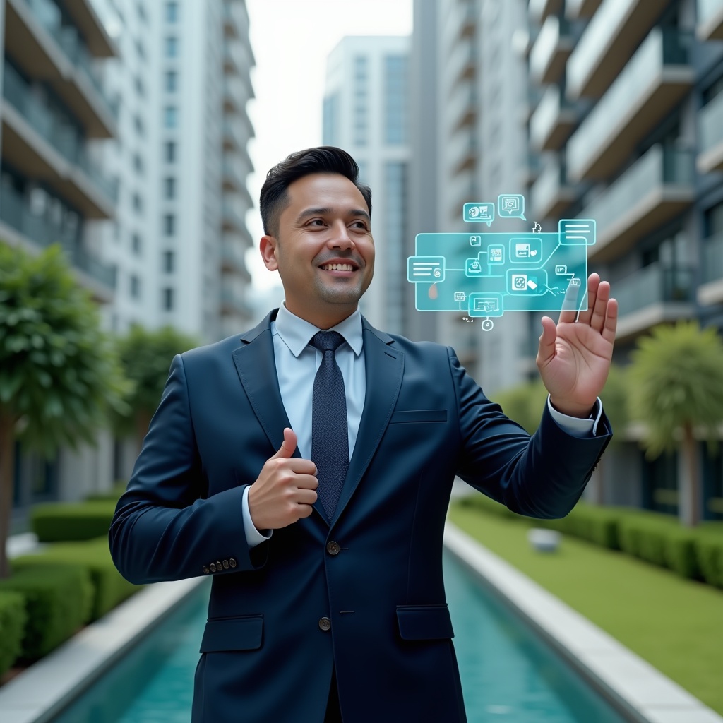 Ultra-realistic condominium manager in a navy blue suit, set in a modern luxury condominium environment with high-rise buildings and immaculate green landscaping, standing in a medium shot while interacting with a floating holographic dashboard displaying chat bubbles, security locks, and checklist icons symbolizing communication, safety, and task management, confident expression, cinematic lighting, shallow depth of field, highly detailed textures, realistic skin, photographic realism, 8k resolution --ar 1:1 --v 6