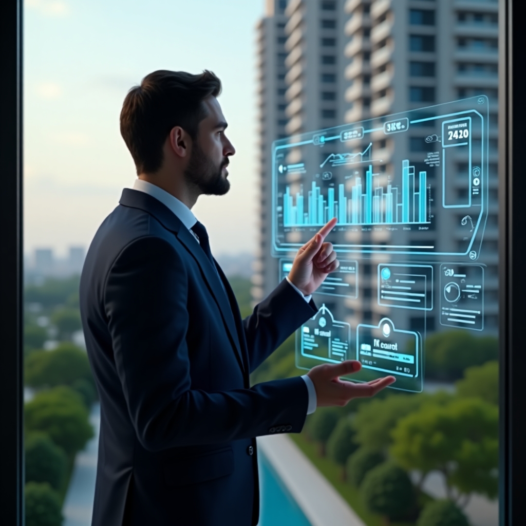 (Ultra-realistic condominium manager in a tailored navy suit, set in a modern luxury condominium environment with high-rise buildings and manicured green landscaping, examining a holographic financial dashboard with glowing charts and icons representing revenues and expenses, confidently pointing at a 3-step roadmap to streamline accounting, cinematic lighting, shallow depth of field, highly detailed textures, realistic skin, photographic realism, 8k resolution --ar 1:1 --v 6)