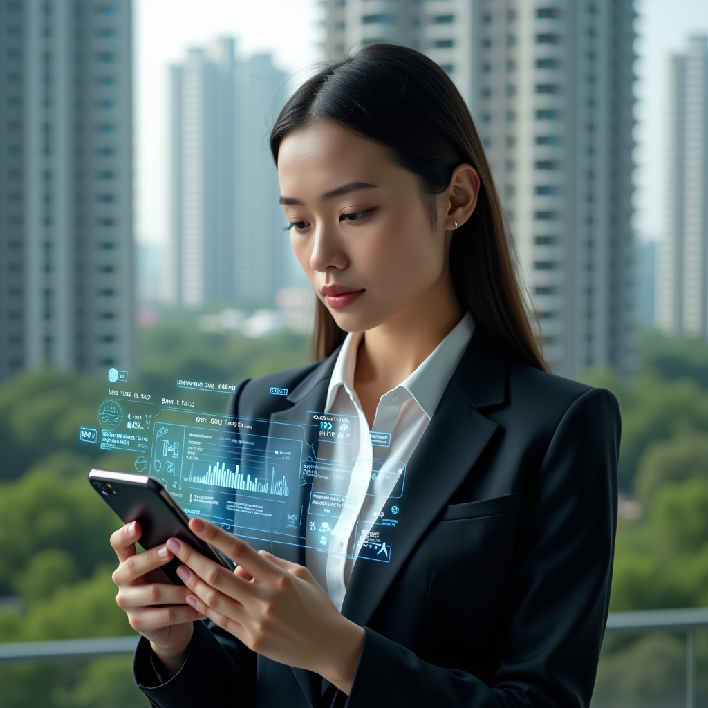 Ultra-realistic female condominium manager in a sleek dark suit, set in a modern luxury condominium environment with high-rise buildings and lush green landscaping, interacting with a holographic smartphone interface displaying real-time notifications and data charts, translucent floating icons of messages, payments and alerts swirling around her hands, confident and focused expression, cinematic lighting, shallow depth of field, highly detailed textures, realistic skin, photographic realism, 8k resolution --ar 1:1 --v 6