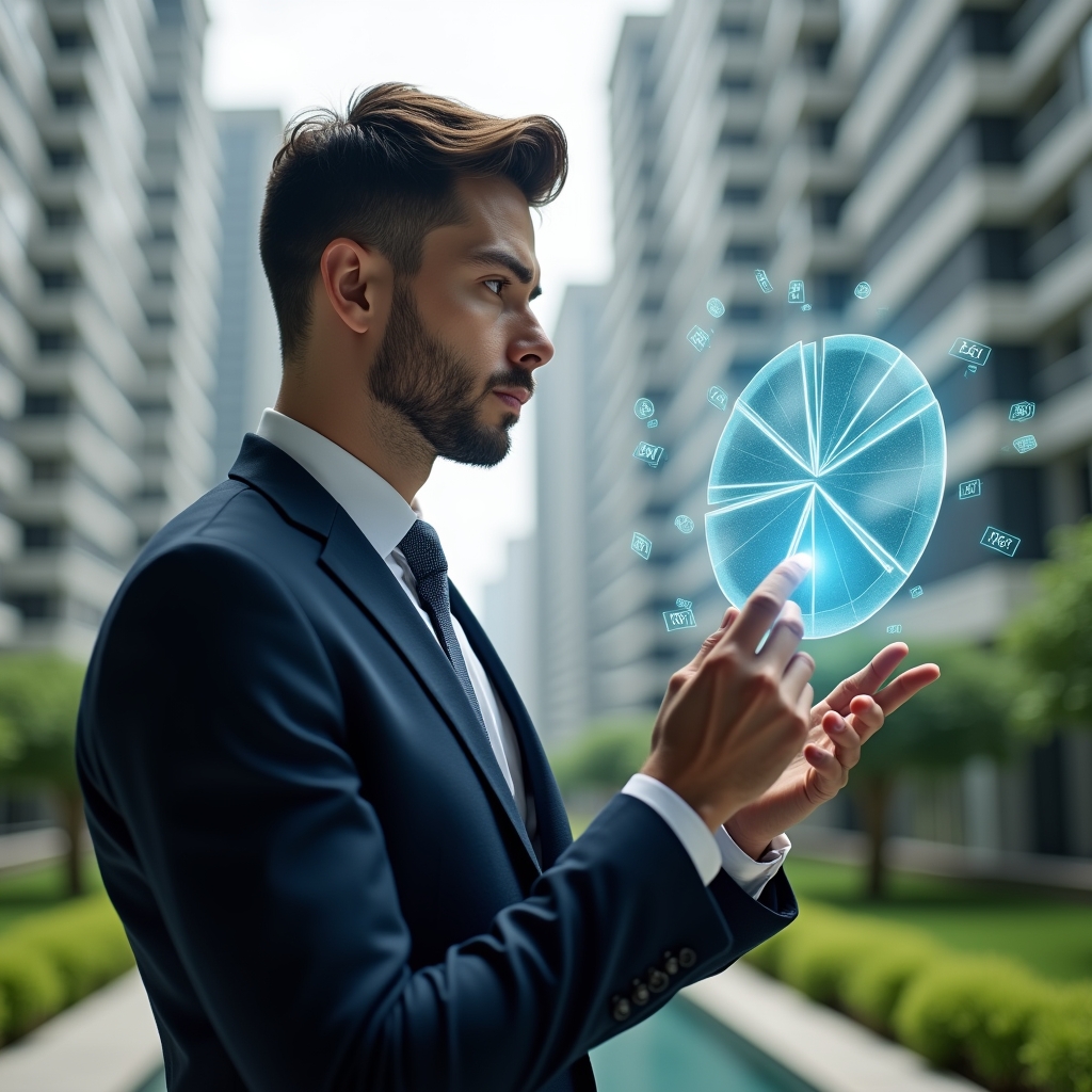 (Ultra-realistic condominium manager in a navy suit and crisp white shirt, set in a modern luxury condominium environment with high-rise buildings and manicured green landscaping, analyzing a holographic pie chart representing fractional ownership, floating 3D unit icons around him, confident and thoughtful expression, cinematic lighting, shallow depth of field, highly detailed textures, realistic skin, photographic realism, 8k resolution --ar 1:1 --v 6)