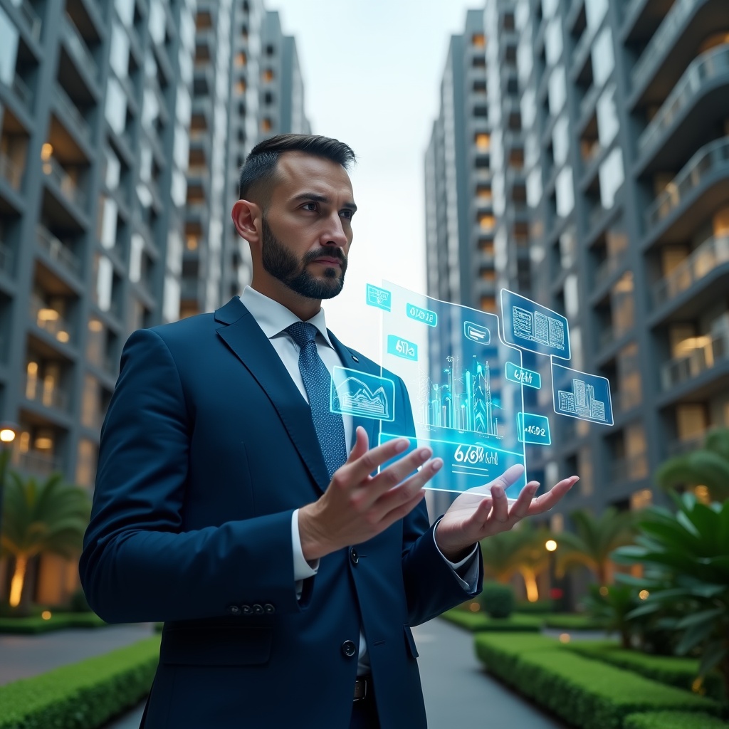 Ultra-realistic condominium manager in a dark blue suit, set in a modern luxury condominium environment with high-rise buildings and lush green landscaping, mid shot, confidently interacting with a holographic interface displaying financial graphs and chat bubbles to symbolize integrated accounting and communication, cinematic lighting, shallow depth of field, highly detailed textures, realistic skin, photographic realism, 8k resolution --ar 1:1 --v 6