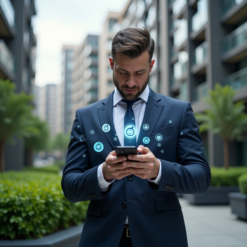 Ultra-realistic condominium manager in a tailored navy suit, set in a modern luxury condominium environment with high-rise buildings and manicured green landscaping, mid-shot of a confident property manager checking a smartphone with floating holographic alarm icons (clocks, notification bells, alert symbols) surrounding the device, cinematic lighting, shallow depth of field, highly detailed textures, realistic skin, photographic realism, 8k resolution --ar 1:1 --v 6