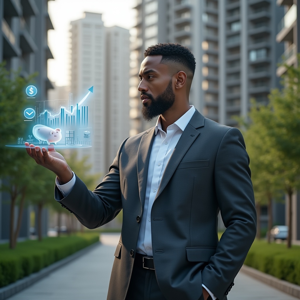 Ultra-realistic condominium manager in a charcoal gray executive suit, set in a modern luxury condominium environment with high-rise buildings and manicured green landscaping, holding a holographic financial report displaying cost-reduction charts, thoughtfully analyzing data with a confident expression, floating icons of a piggy bank and downward-trending arrow, cinematic lighting, shallow depth of field, highly detailed textures, realistic skin, photographic realism, 8k resolution --ar 1:1 --v 6