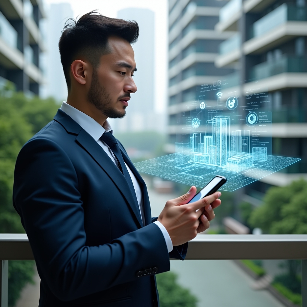 (Ultra-realistic condominium manager in a navy blue tailored suit, set in a modern luxury condominium environment with high-rise buildings and lush green landscaping, holding a smartphone and interacting with a holographic condo management interface displaying communication icons, financial charts and booking calendars, a floating 3D building map hologram beside them, confident and focused expression, cinematic lighting, shallow depth of field, highly detailed textures, realistic skin, photographic realism, 8k resolution --ar 1:1 --v 6)