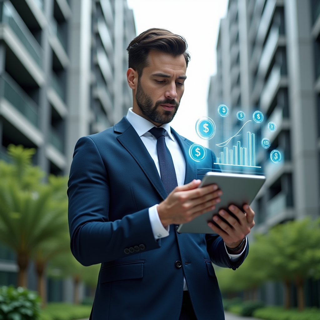 Ultra-realistic condominium manager in a navy blue suit, set in a modern luxury condominium environment with high-rise buildings and lush green landscaping, holding a digital tablet displaying holographic budgeting charts, floating icons of coins and expense graphs around them, confident and focused expression, cinematic lighting, shallow depth of field, highly detailed textures, realistic skin, photographic realism, 8k resolution --ar 1:1 --v 6