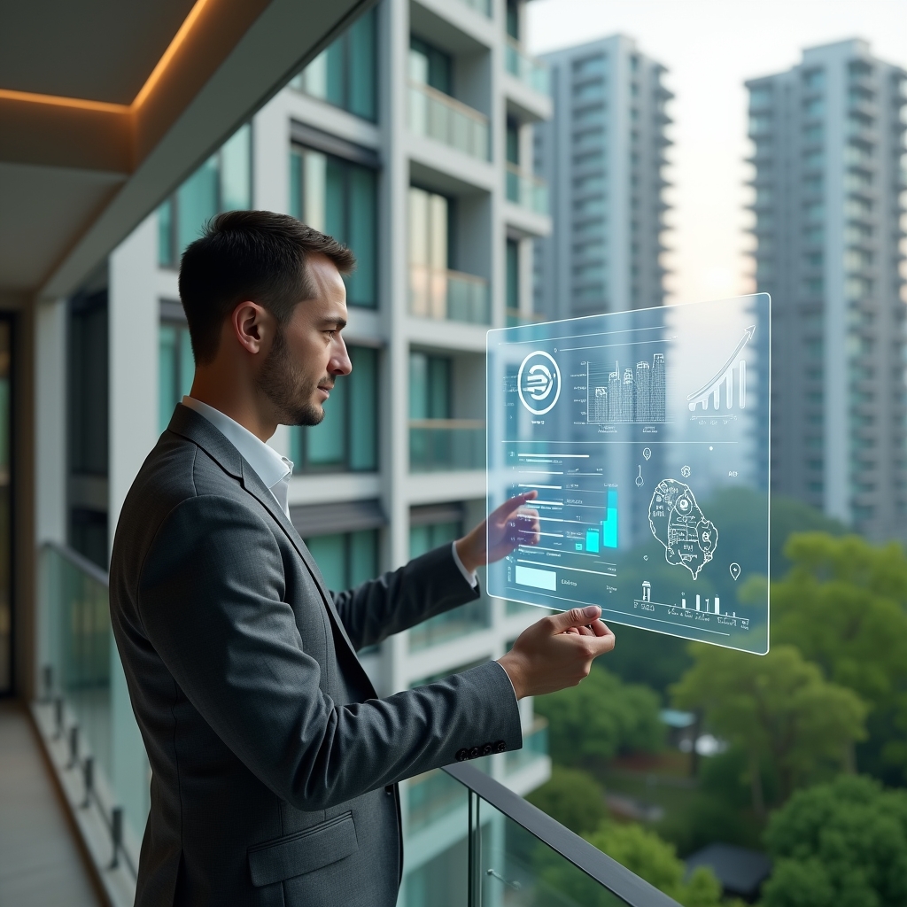 Ultra-realistic condominium manager in a tailored gray suit, set in a modern luxury condominium environment with high-rise buildings and lush green landscaping, standing in a medium shot reviewing a holographic financial dashboard displaying energy, water and maintenance cost-saving icons, confident expression, cinematic lighting, shallow depth of field, highly detailed textures, realistic skin, photographic realism, 8k resolution --ar 1:1 --v 6