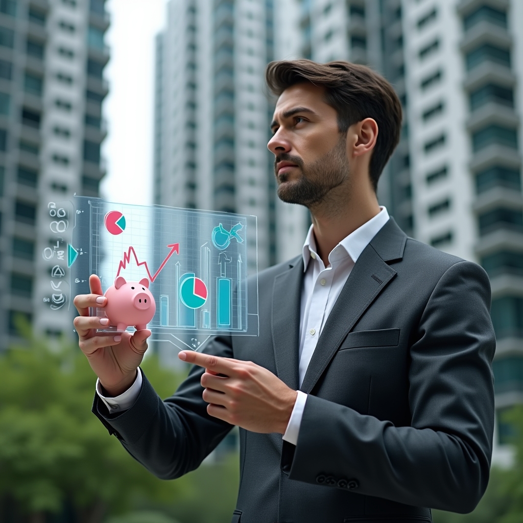 Ultra-realistic condominium property manager in a dark gray suit, set in a modern luxury condominium environment with high-rise buildings and green landscaping, holding a transparent holographic financial chart displaying downward cost arrows and pie charts, confidently analyzing data, a floating piggy bank icon symbolizing savings, cinematic lighting, shallow depth of field, highly detailed textures, realistic skin, photographic realism, 8k resolution --ar 1:1 --v 6