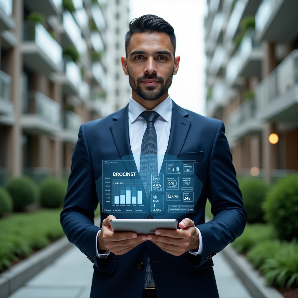(Ultra-realistic condominium manager in a tailored navy suit, set in a modern luxury condominium environment with high-rise buildings and manicured green landscaping, holding a tablet projecting a holographic financial dashboard with budget charts and cost-saving icons, confident and focused expression, cinematic lighting, shallow depth of field, highly detailed textures, realistic skin, photographic realism, 8k resolution --ar 1:1 --v 6)