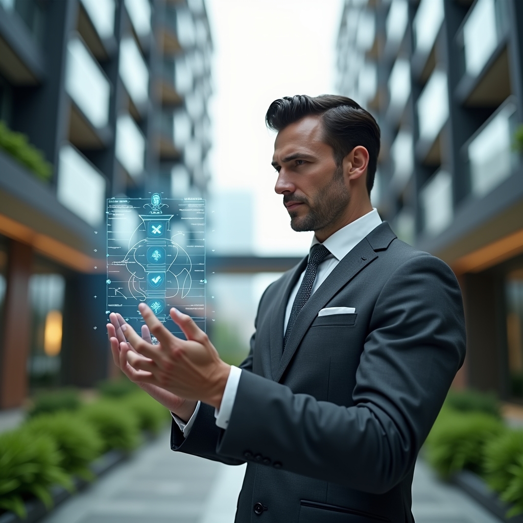 (Ultra-realistic condominium manager in a charcoal gray suit, set in a modern luxury condominium environment with high-rise buildings and manicured green landscaping, medium shot of the manager reviewing a floating holographic financial report with transparent ledger icons and checkmarks, confident and focused expression, cinematic lighting, shallow depth of field, highly detailed textures, realistic skin, photographic realism, 8k resolution --ar 1:1 --v 6)