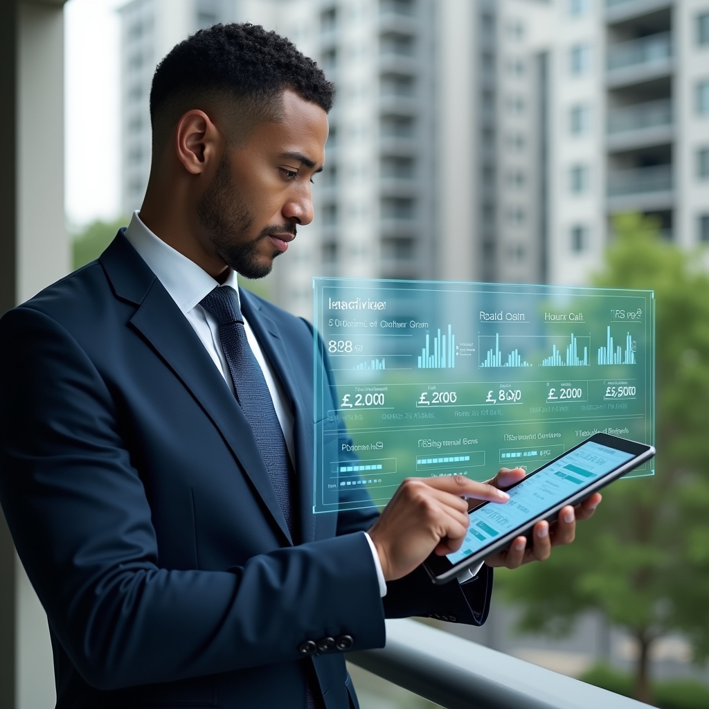 Ultra-realistic condominium manager in a navy executive suit, set in a modern luxury condominium environment with high-rise buildings and meticulously landscaped gardens, reviewing a holographic budget chart displaying cost-saving strategies, holding a sleek digital tablet with repair cost graphs, confident and analytical expression, cinematic lighting, shallow depth of field, highly detailed textures, realistic skin, photographic realism, 8k resolution --ar 1:1 --v 6