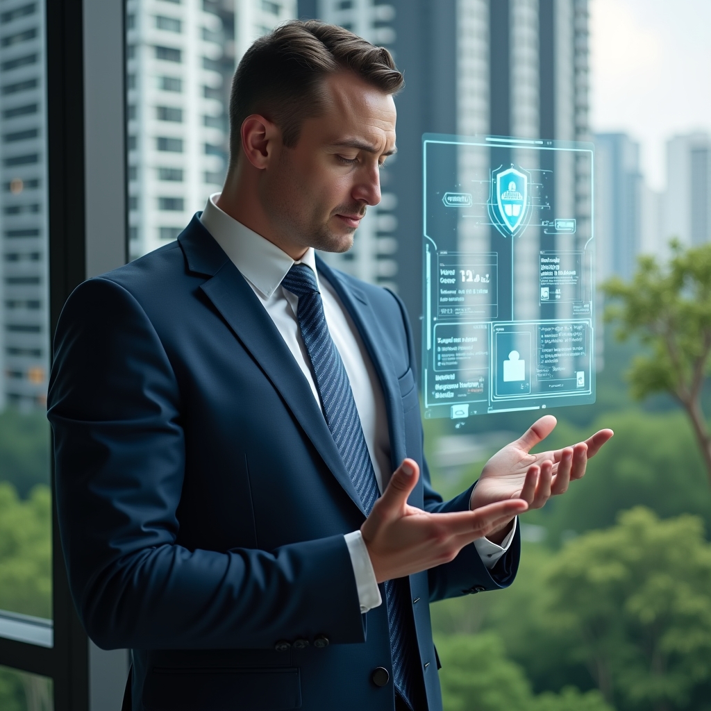 (Ultra-realistic condominium manager in a tailored navy executive suit, set in a modern luxury condominium environment with high-rise buildings and lush green landscaping, interacting with a holographic touchscreen display showing chat bubbles, security shield, financial charts and reservation calendar icons, confident and focused expression, cinematic lighting, shallow depth of field, highly detailed textures, realistic skin, photographic realism, 8k resolution --ar 1:1 --v 6)