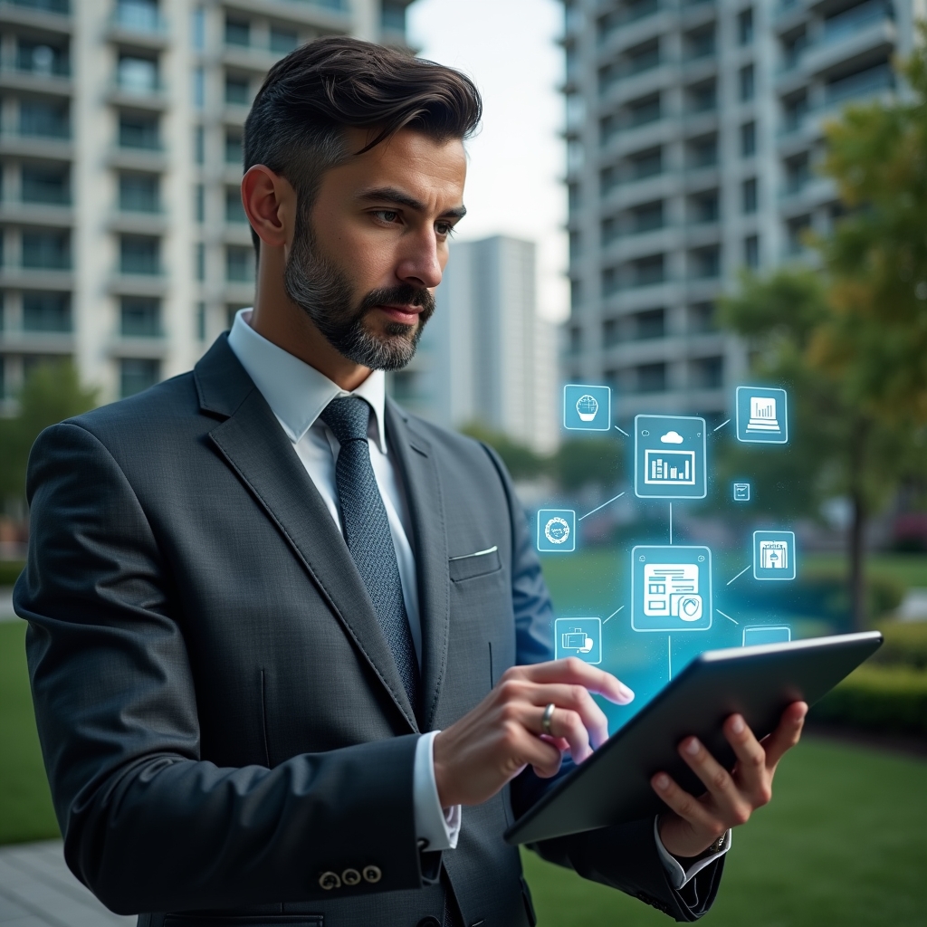 (Ultra-realistic condominium manager in a charcoal gray executive suit, set in a modern luxury condominium environment with high-rise buildings and meticulously landscaped gardens, mid-shot holding a tablet displaying holographic icons of key app functions—financial charts, reservation calendars and chat bubbles—while confidently analyzing the interface, cinematic lighting, shallow depth of field, highly detailed textures, realistic skin, photographic realism, 8k resolution --ar 1:1 --v 6)