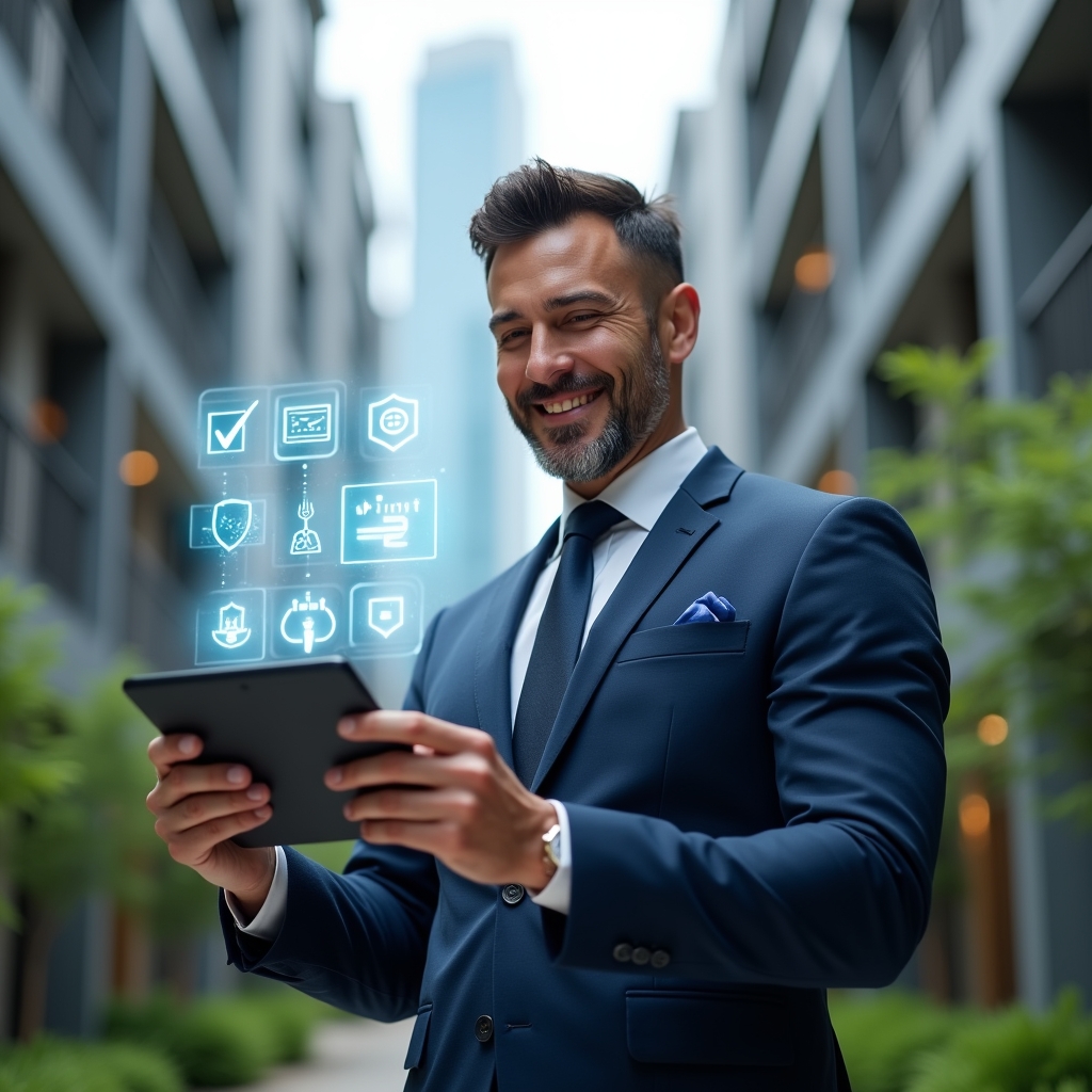 (Ultra-realistic condominium manager in a dark blue executive suit, set in a modern luxury condominium environment with high-rise buildings and lush green landscaping, mid-shot of a confident professional holding a tablet projecting holographic icons for checklists, security shield, chat bubble and calendar to symbolize essential management functions, cinematic lighting, shallow depth of field, highly detailed textures, realistic skin, photographic realism, 8k resolution --ar 1:1 --v 6)