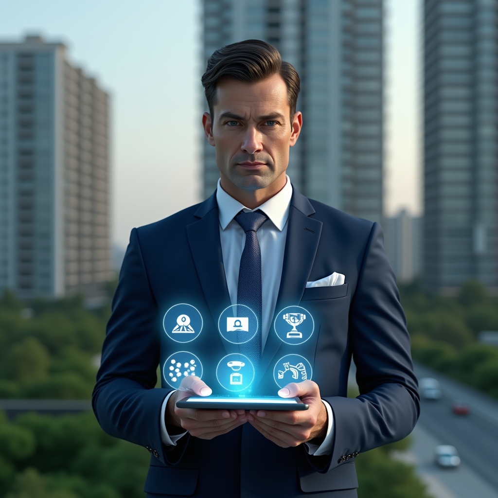 Ultra-realistic condominium manager in a navy blue executive suit, set in a modern luxury condominium environment with high-rise buildings and green landscaping, holding a transparent holographic tablet displaying icons for communication, reservations, financial charts and security cameras, tapping the interface with a confident, focused expression, cinematic lighting, shallow depth of field, highly detailed textures, realistic skin, photographic realism, 8k resolution --ar 1:1 --v 6