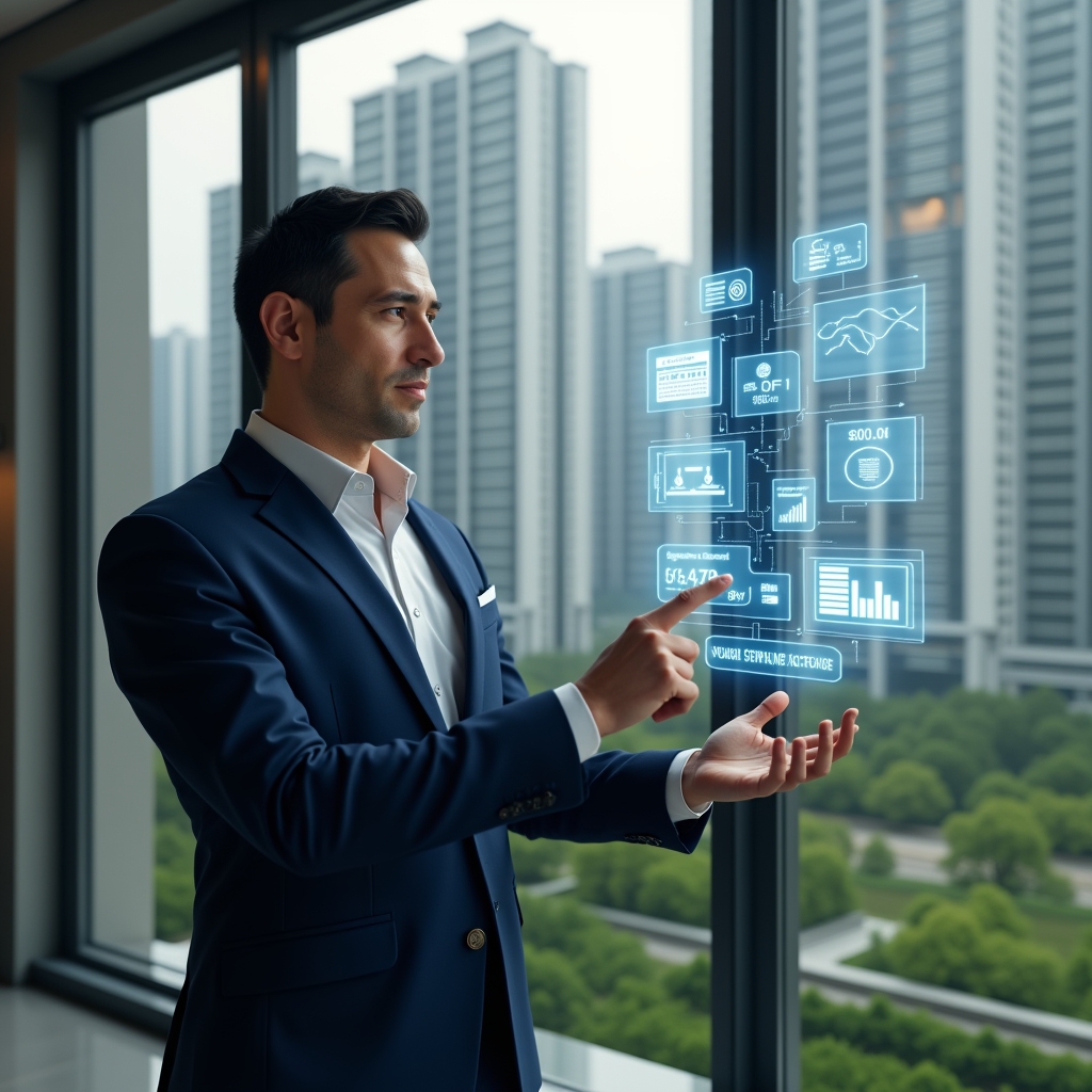 Ultra-realistic condominium manager in a navy executive suit, set in a modern luxury condominium environment with high-rise buildings and lush green landscaping, interacting with floating holographic icons representing access control, reservation calendar, financial graphs and chat bubbles, confidently pointing at a digital interface, cinematic lighting, shallow depth of field, highly detailed textures, realistic skin, photographic realism, 8k resolution --ar 1:1 --v 6