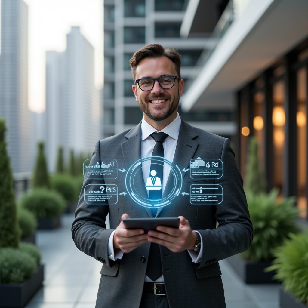 (Ultra-realistic condominium manager in a charcoal gray executive suit, set in a modern luxury condominium environment with high-rise buildings and manicured gardens, mid-shot holding a digital tablet displaying a sleek condo management app interface, confident expression, holographic icons around the tablet representing maintenance alerts, financial graphs, visitor access and chat bubbles, cinematic lighting, shallow depth of field, highly detailed textures, realistic skin, photographic realism, 8k resolution --ar 1:1 --v 6)