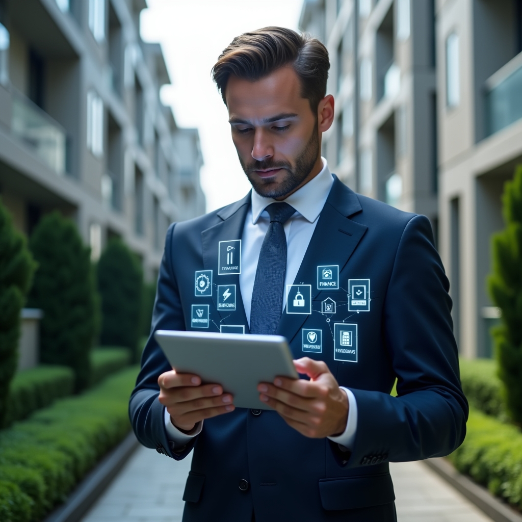 Ultra-realistic condominium property manager in a tailored navy-blue suit, set in a modern luxury condominium environment with high-rise buildings and manicured green landscaping, holding a transparent tablet displaying holographic icons for maintenance, finance, reservations, communication, and security, analyzing data with a confident, focused expression, cinematic lighting, shallow depth of field, highly detailed textures, realistic skin, photographic realism, 8k resolution --ar 1:1 --v 6