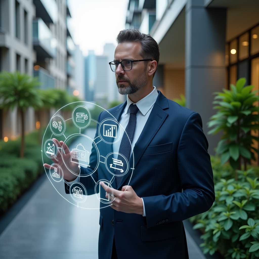 (Ultra-realistic property manager in a tailored navy suit, set in a modern luxury condominium environment with high-rise buildings and lush green landscaping, medium shot focusing on the professional confidently interacting with a holographic interface displaying icons for financial control, booking calendar, document library, maintenance requests and communication, cinematic lighting, shallow depth of field, highly detailed textures, realistic skin, photographic realism, 8k resolution --ar 1:1 --v 6)