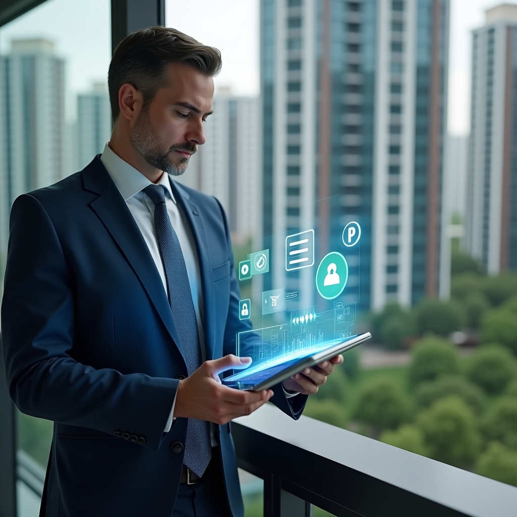 (Ultra-realistic condominium manager in a navy blue business suit, set in a modern luxury condominium environment with high-rise buildings and lush green landscaping, confidently analyzing a holographic tablet interface displaying icons for checklist, calendar, chat bubble, and security shield, cinematic lighting, shallow depth of field, highly detailed textures, realistic skin, photographic realism, 8k resolution --ar 1:1 --v 6)