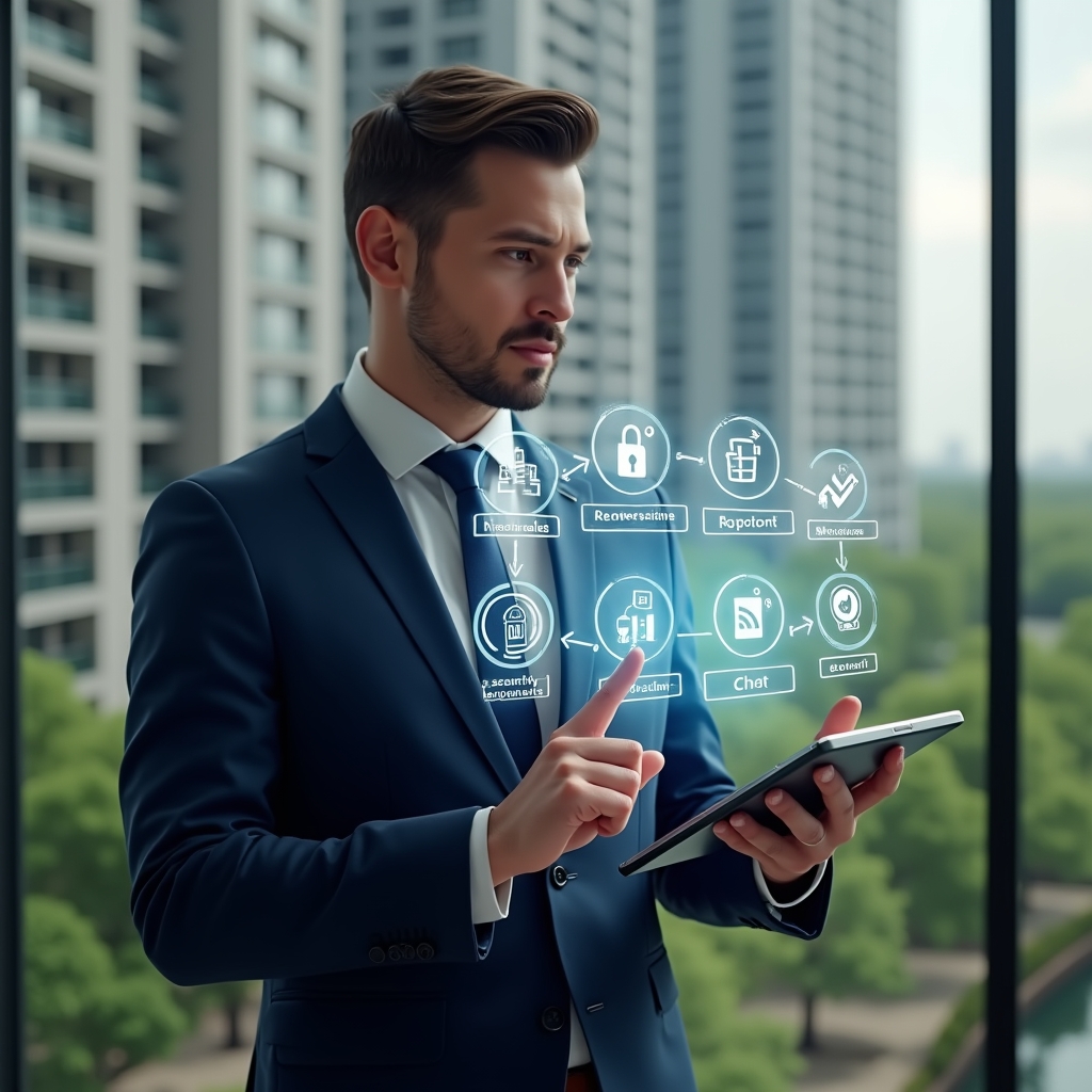 Ultra-realistic condominium manager in a navy executive suit, set in a modern luxury condominium environment with high-rise buildings and lush green landscaping, holding a tablet displaying holographic icons for reservations, financial reports, security access and chat messages, confidently tapping the screen to demonstrate the 10 essential management functions, cinematic lighting, shallow depth of field, highly detailed textures, realistic skin, photographic realism, 8k resolution --ar 1:1 --v 6