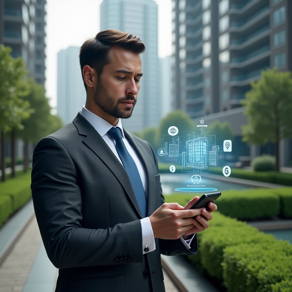 Ultra-realistic condominium manager in a tailored dark gray suit, set in a modern luxury condominium environment with high-rise buildings and pristine green landscaping, holding a smartphone displaying a floating holographic condo management app interface with icons for visitors, finance, communication and reservations, confident expression, cinematic lighting, shallow depth of field, highly detailed textures, realistic skin, photographic realism, 8k resolution --ar 1:1 --v 6