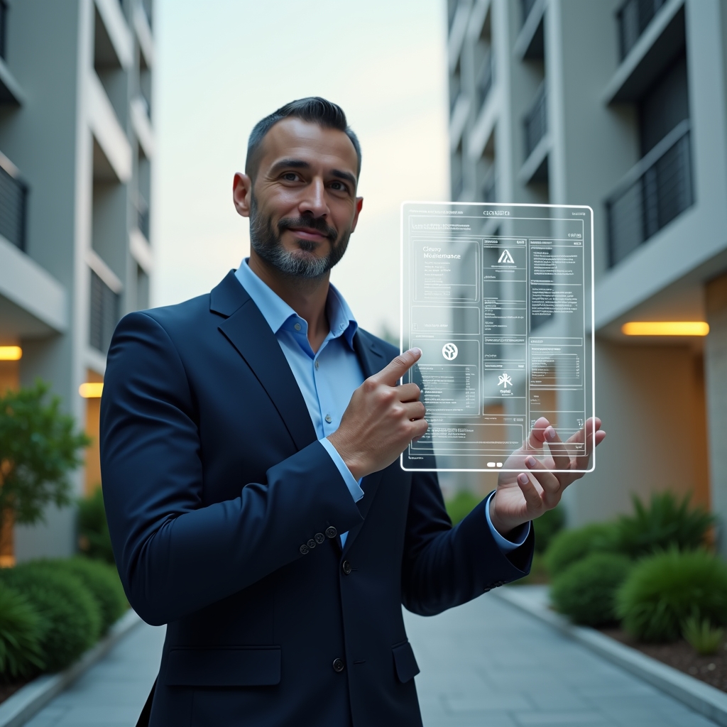 Ultra-realistic condominium manager in a navy tailored suit, set in a modern luxury condominium environment with high-rise buildings and green landscaping, mid-shot of the professional confidently pointing at a floating holographic schedule planner displaying maintenance, assembly and task icons, cinematic lighting, shallow depth of field, highly detailed textures, realistic skin, photographic realism, 8k resolution --ar 1:1 --v 6