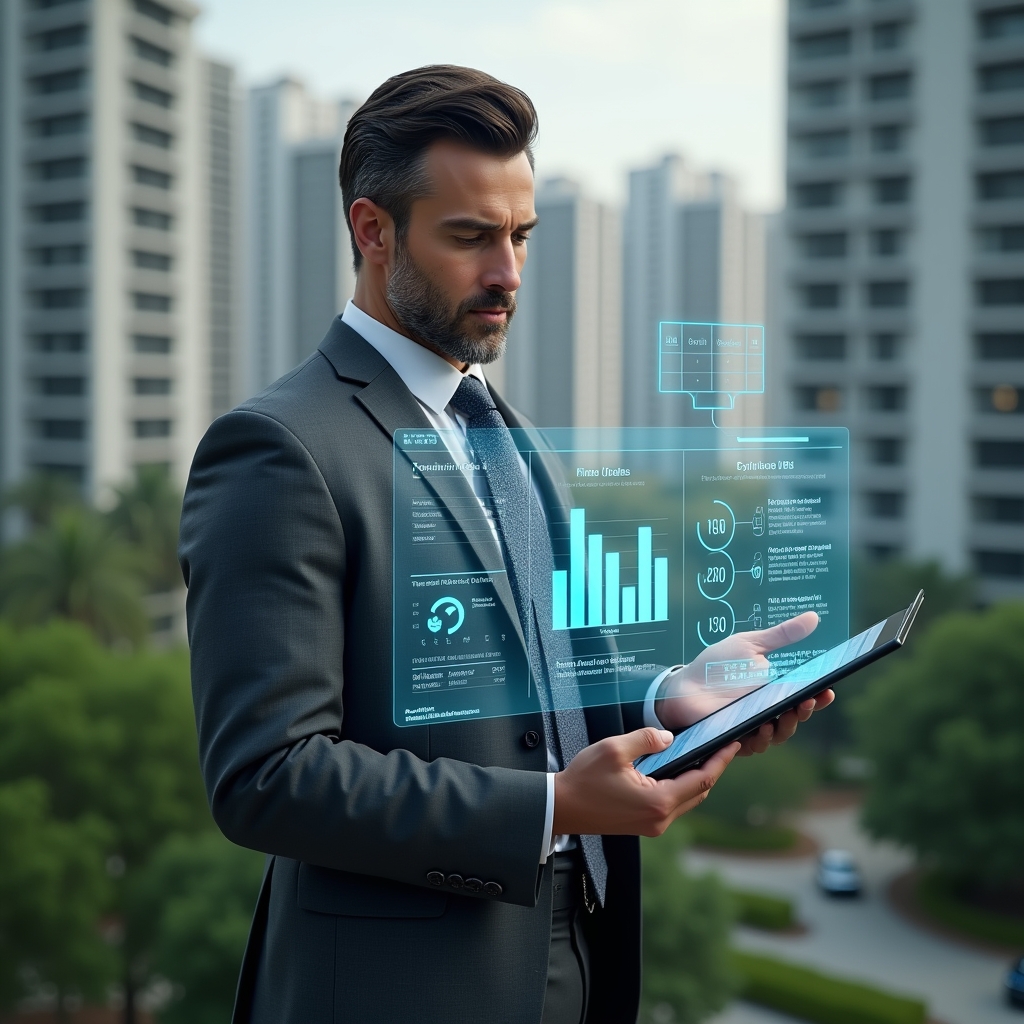 (Ultra-realistic condominium manager in a charcoal gray executive suit, set in a modern luxury condominium environment with high-rise buildings and manicured greenery, analyzing a floating holographic dashboard displaying financial charts and a calendar schedule, confident and focused expression, holographic icons of reports and task lists orbiting around, cinematic lighting, shallow depth of field, highly detailed textures, realistic skin, photographic realism, 8k resolution --ar 1:1 --v 6)