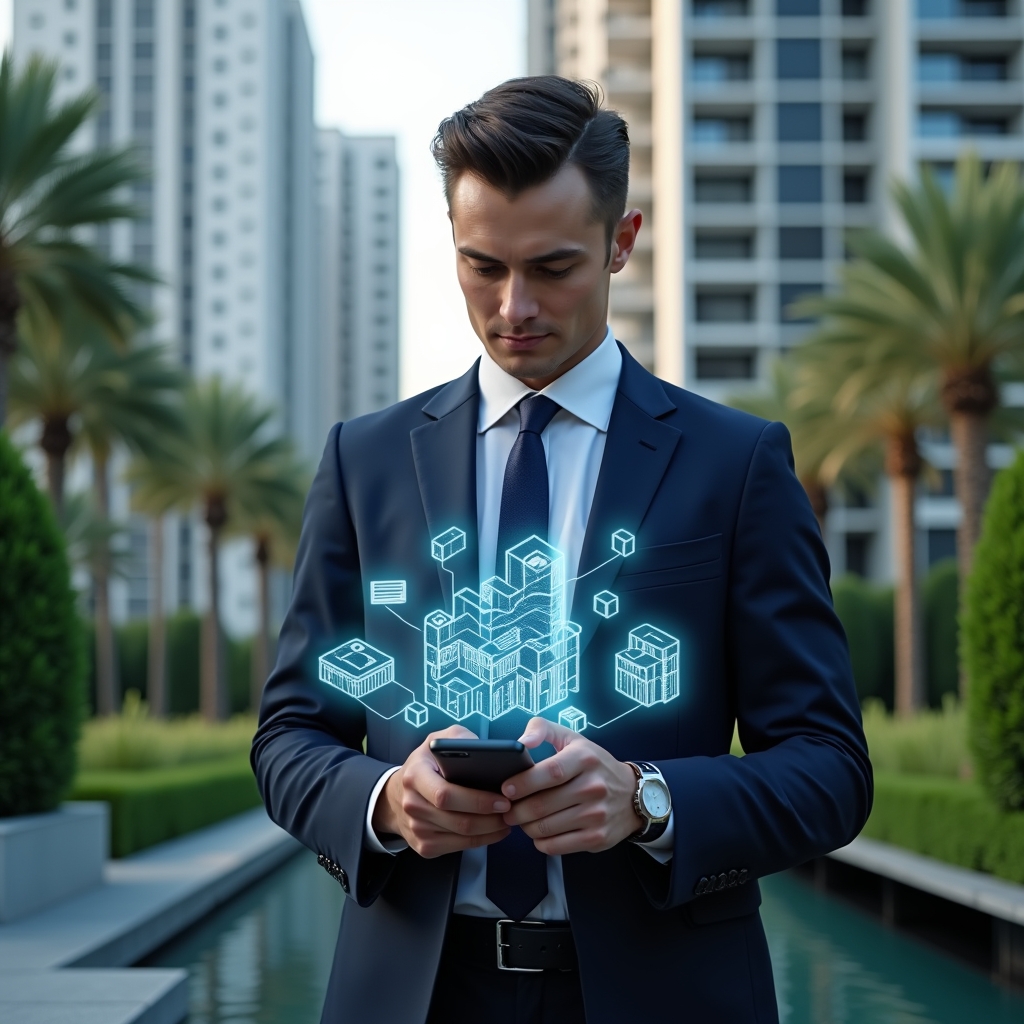 (Ultra-realistic condominium manager in a tailored navy suit, set in a modern luxury condominium environment with high-rise buildings and lush green landscaping, holding a smartphone projecting holographic icons of a mobile management app, displaying building layouts, financial charts and notifications, confident and focused expression, cinematic lighting, shallow depth of field, highly detailed textures, realistic skin, photographic realism, 8k resolution --ar 1:1 --v 6)