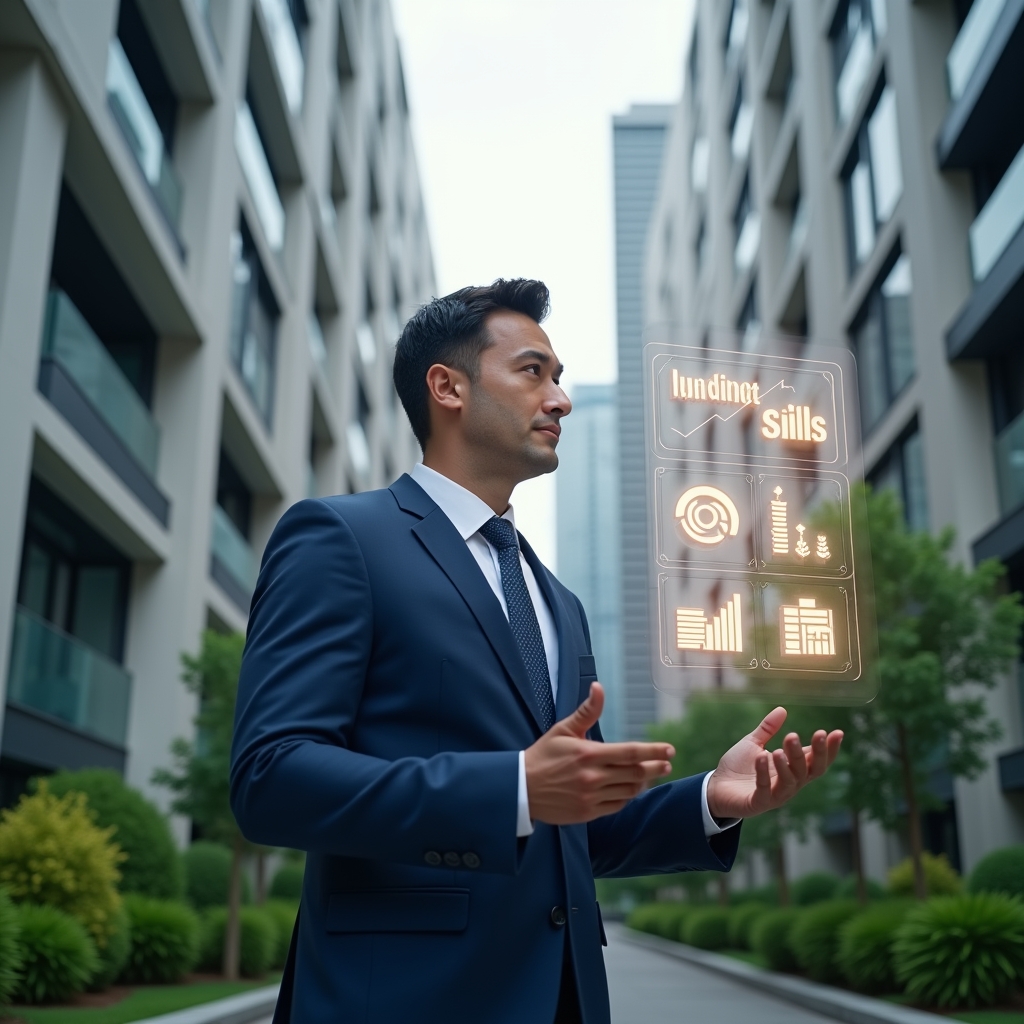 Ultra-realistic condominium property manager in a navy blue suit, set in a modern luxury condominium environment with high-rise buildings and lush green landscaping, mid-shot of the manager confidently analyzing floating holographic budget charts and cost-control icons, cinematic lighting, shallow depth of field, highly detailed textures, realistic skin, photographic realism, 8k resolution --ar 1:1 --v 6