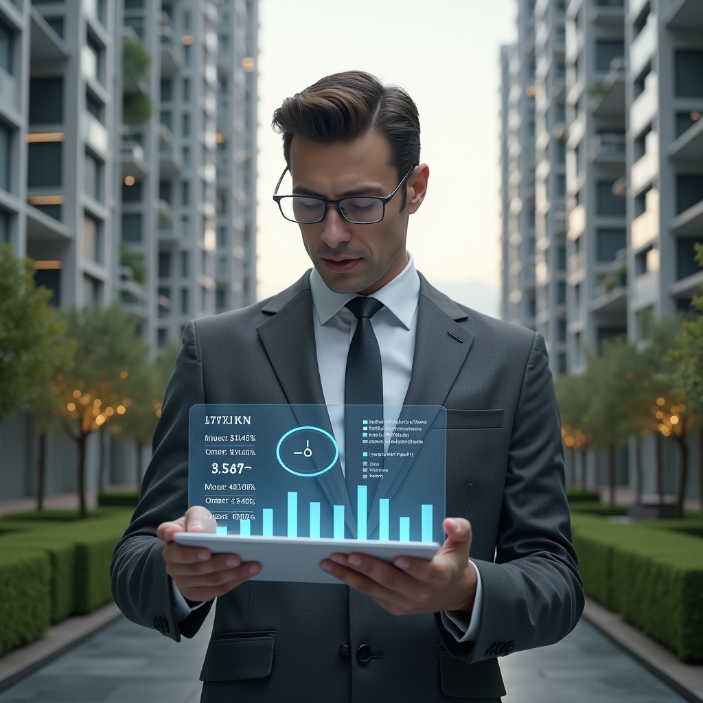 Ultra-realistic condominium manager in a charcoal gray tailored suit, set in a modern luxury condominium environment with high-rise buildings and meticulously landscaped gardens, examining a transparent holographic financial report with floating bar charts and expense icons, confident and focused expression, cinematic lighting, shallow depth of field, highly detailed textures, realistic skin, photographic realism, 8k resolution --ar 1:1 --v 6