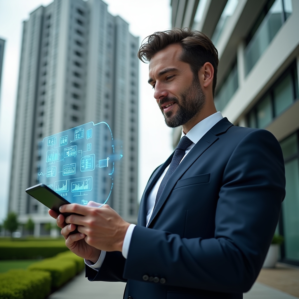 (Ultra-realistic condominium manager in a tailored navy suit, set in a modern luxury condominium environment with high-rise buildings and manicured green landscaping, holding a digital tablet projecting holographic charts and icons symbolizing automated workflows, confidently reviewing data with a slight smile, cinematic lighting, shallow depth of field, highly detailed textures, realistic skin, photographic realism, 8k resolution --ar 1:1 --v 6)