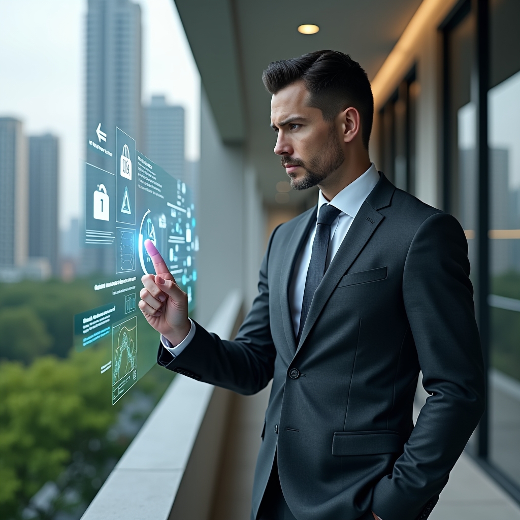 (Ultra-realistic condominium manager in a charcoal suit, set in a modern luxury condominium environment with high-rise buildings and green landscaping, interacting with a holographic touchscreen interface displaying automated workflows and secure data icons, confident and focused expression, cinematic lighting, shallow depth of field, highly detailed textures, realistic skin, photographic realism, 8k resolution --ar 1:1 --v 6)