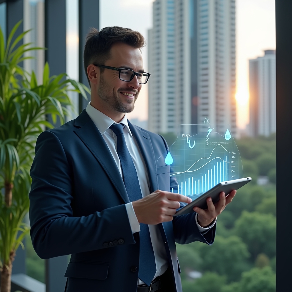 (Ultra-realistic condominium manager in a navy executive suit, set in a modern luxury condominium environment with high-rise buildings and lush green landscaping, holding a tablet displaying holographic charts of water, energy and cleaning expenses, floating icons of a water droplet, lightning bolt and cleaning brush around the display, confidently reviewing data with a slight smile, cinematic lighting, shallow depth of field, highly detailed textures, realistic skin, photographic realism, 8k resolution --ar 1:1 --v 6)