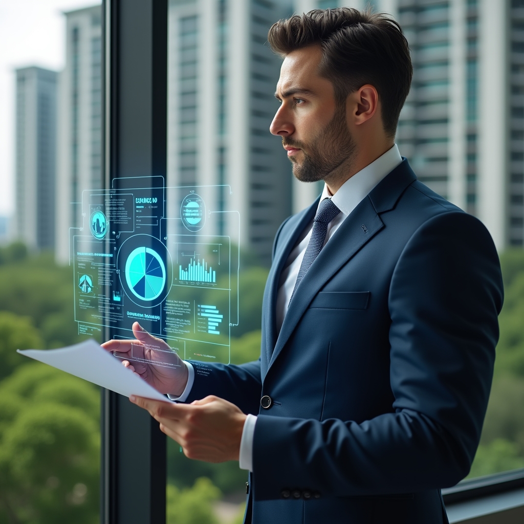 (Ultra-realistic condominium manager in a tailored navy suit, set in a modern luxury condominium environment with high-rise buildings and meticulously landscaped greenery, reviewing a holographic financial report with floating pie charts and bar graphs, confident and focused expression, cinematic lighting, shallow depth of field, highly detailed textures, realistic skin, photographic realism, 8k resolution --ar 1:1 --v 6)