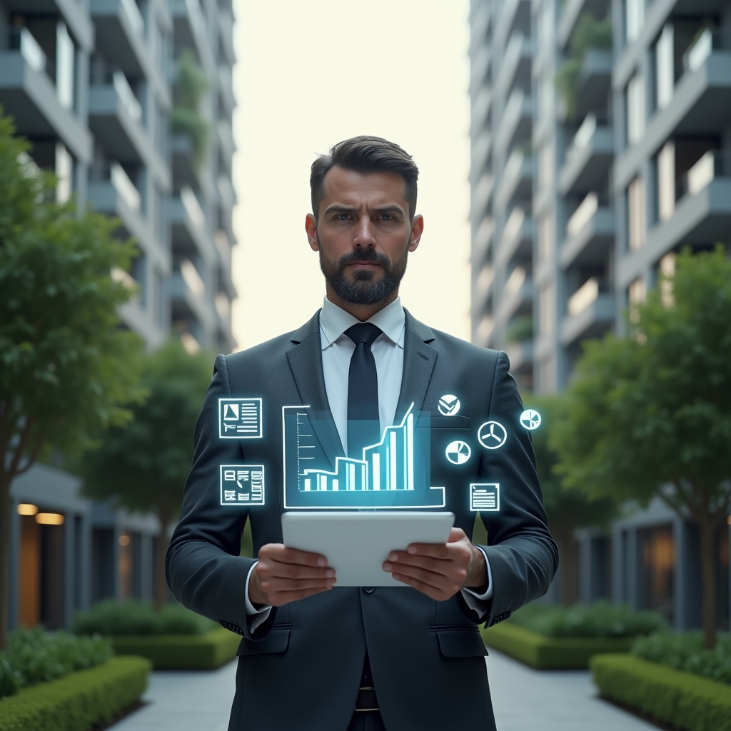 (Ultra-realistic condominium manager in a dark gray tailored suit, set in a modern luxury condominium environment with high-rise buildings and manicured green landscaping, mid-shot of a confident professional holding a semi-transparent holographic financial report with clear charts and graphs, floating icons of receipts and pie charts around them, cinematic lighting, shallow depth of field, highly detailed textures, realistic skin, photographic realism, 8k resolution --ar 1:1 --v 6)