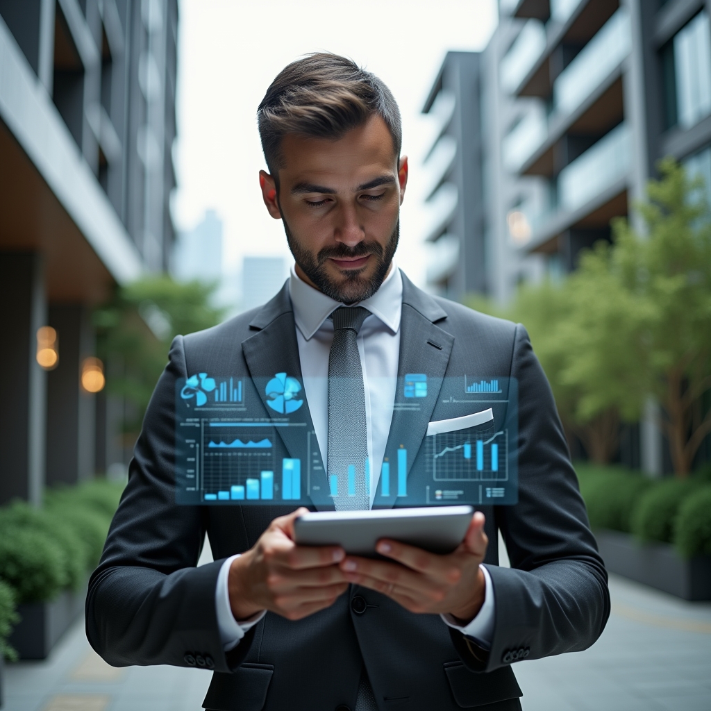 (Ultra-realistic condominium manager in a charcoal gray executive suit, set in a modern luxury condominium environment with high-rise buildings and meticulously landscaped greenery, holding a digital tablet displaying holographic financial charts and reports, analyzing data with a confident and focused expression, floating translucent pie and bar graphs around them as symbolic visual elements, cinematic lighting, shallow depth of field, highly detailed textures, realistic skin, photographic realism, 8k resolution --ar 1:1 --v 6)