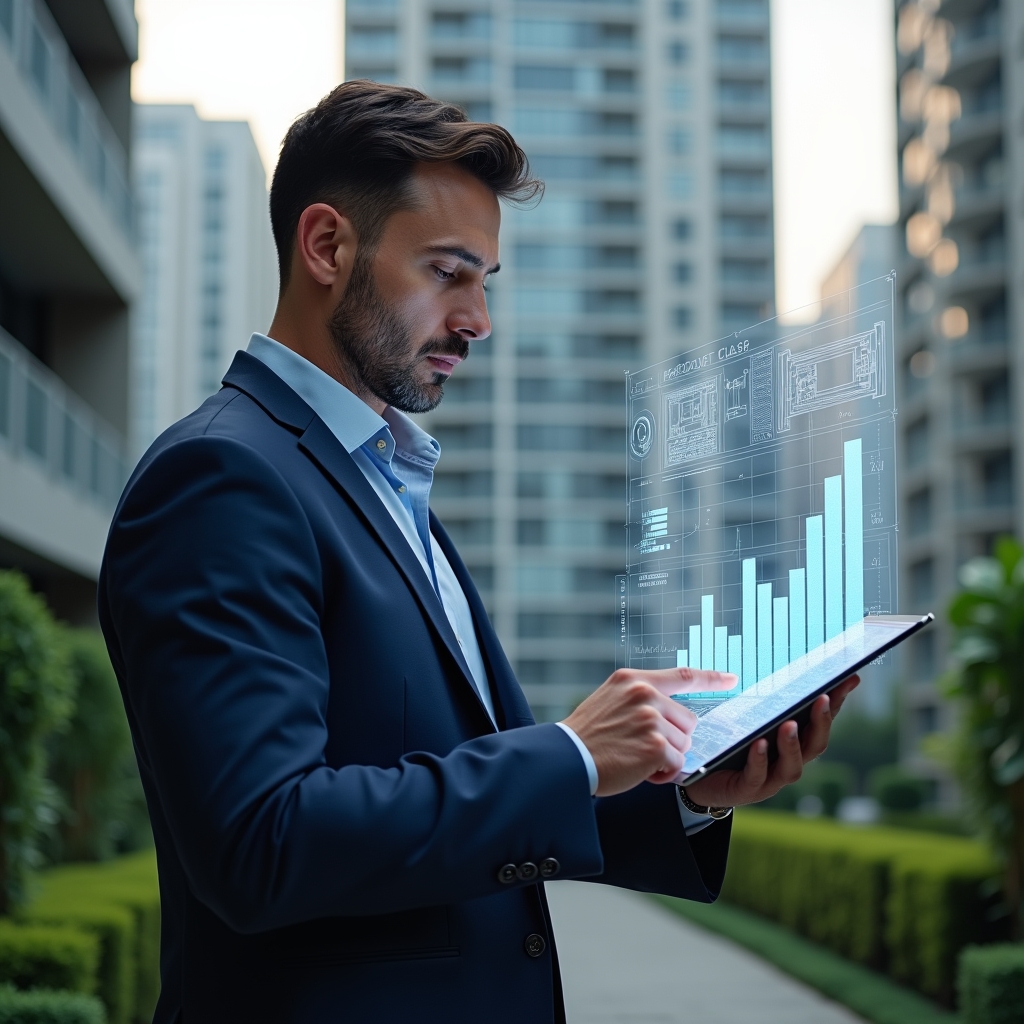 (Ultra-realistic condominium manager in a navy executive suit, set in a modern luxury condominium environment with high-rise buildings and meticulously landscaped greenery, reviewing a holographic budget chart and pointing at a downward cost graph displayed above a tablet, an overlay of architectural blueprints and currency icons floating nearby, confident and analytical expression, cinematic lighting, shallow depth of field, highly detailed textures, realistic skin, photographic realism, 8k resolution --ar 1:1 --v 6)