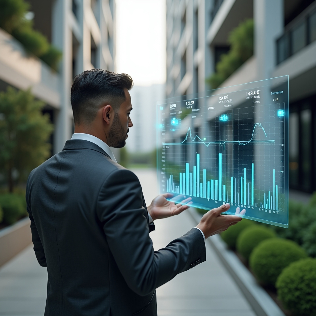 Ultra-realistic condominium manager in a charcoal gray tailored suit, set in a modern luxury condominium environment with high-rise buildings and manicured green landscaping, medium shot of a confident professional analyzing a holographic financial dashboard displaying cost-reduction charts and dollar icons floating beside them, cinematic lighting, shallow depth of field, highly detailed textures, realistic skin, photographic realism, 8k resolution --ar 1:1 --v 6