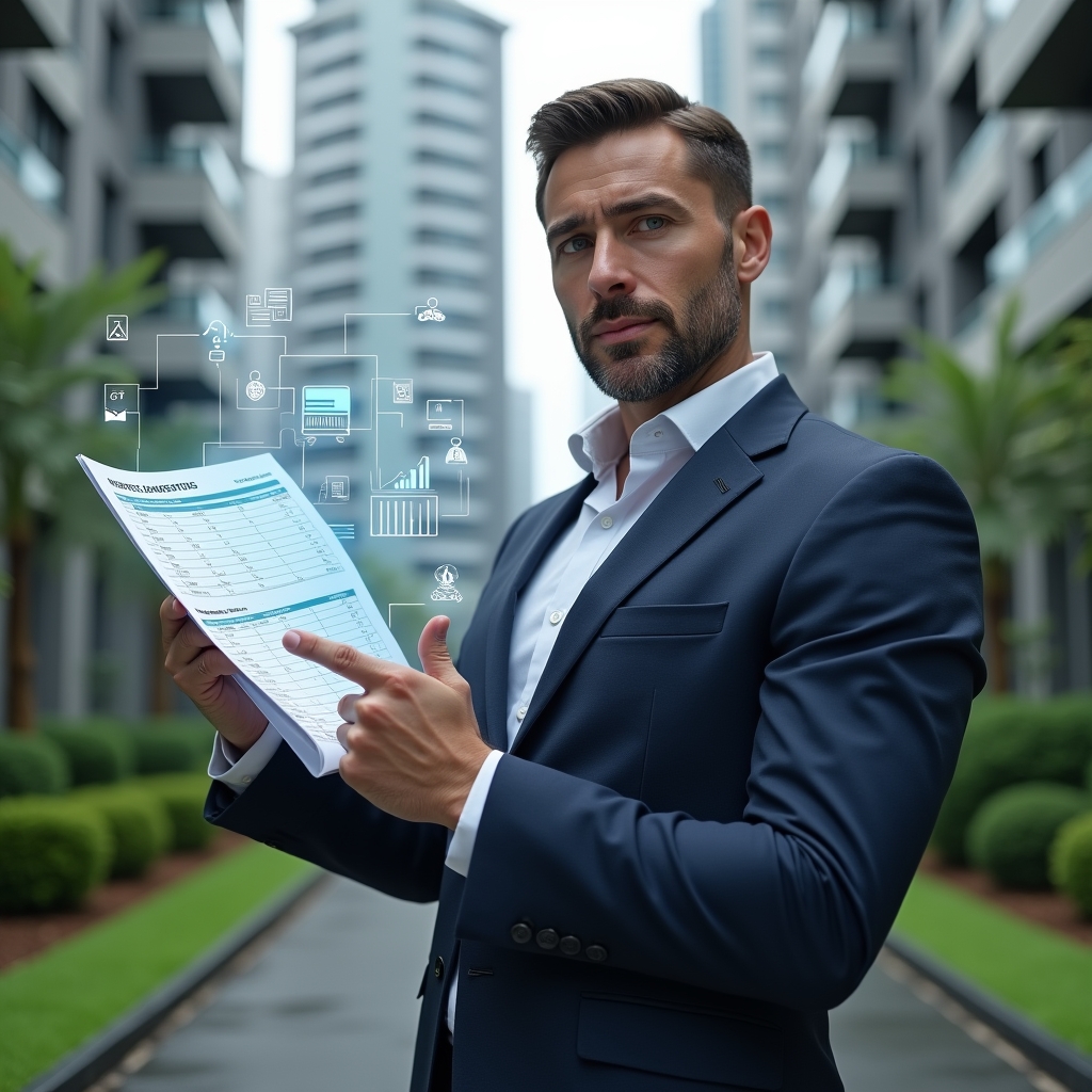 (Ultra-realistic condominium manager in a navy blue suit, set in a modern luxury condominium environment with high-rise buildings and well-manicured green landscaping, holding a holographic financial report and pointing at highlighted errors in a digital ledger, holographic icons of graphs, receipts, and warning symbols floating around, analytical and confident expression, cinematic lighting, shallow depth of field, highly detailed textures, realistic skin, photographic realism, 8k resolution --ar 1:1 --v 6)