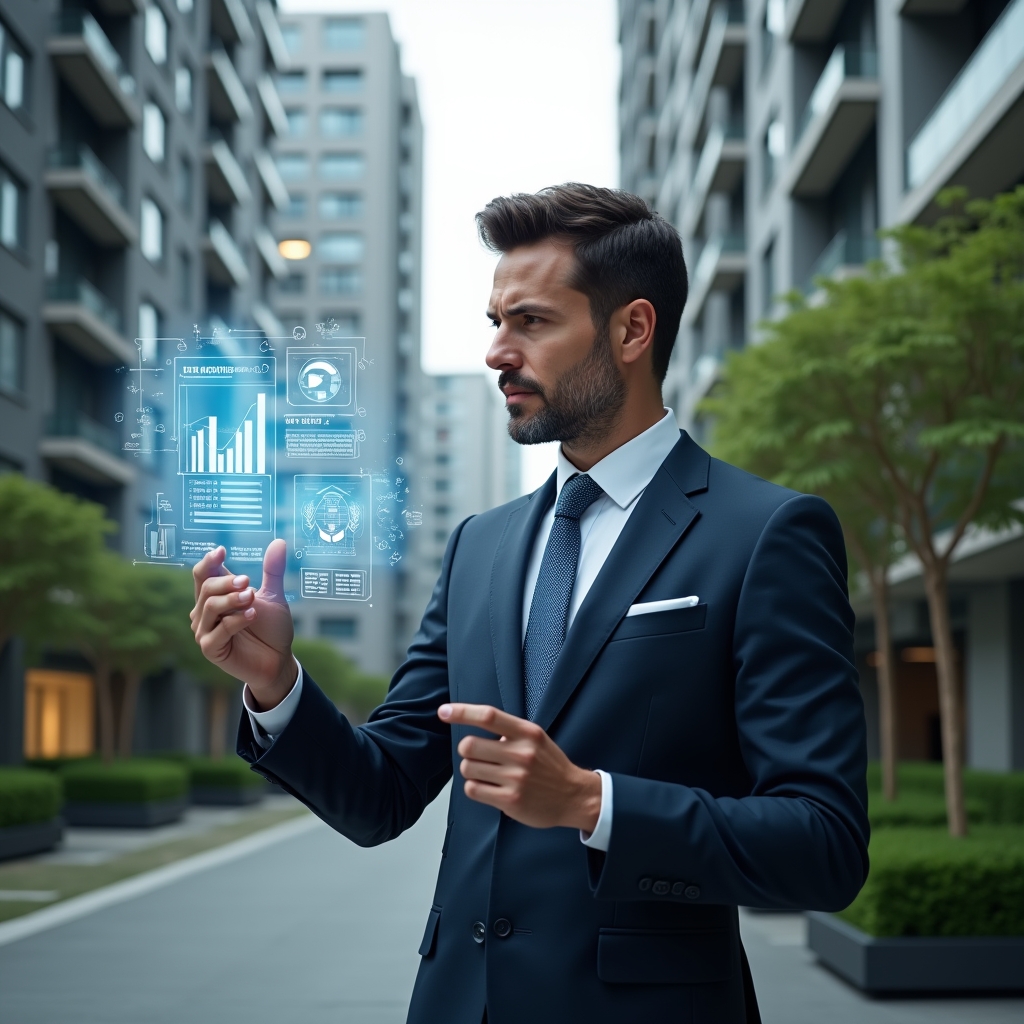 (Ultra-realistic condominium manager in a tailored navy suit, set in a modern luxury condominium environment with high-rise buildings and manicured green landscaping, examining a floating holographic financial report with graphs and icons, confident and analytical expression, cinematic lighting, shallow depth of field, highly detailed textures, realistic skin, photographic realism, 8k resolution --ar 1:1 --v 6)