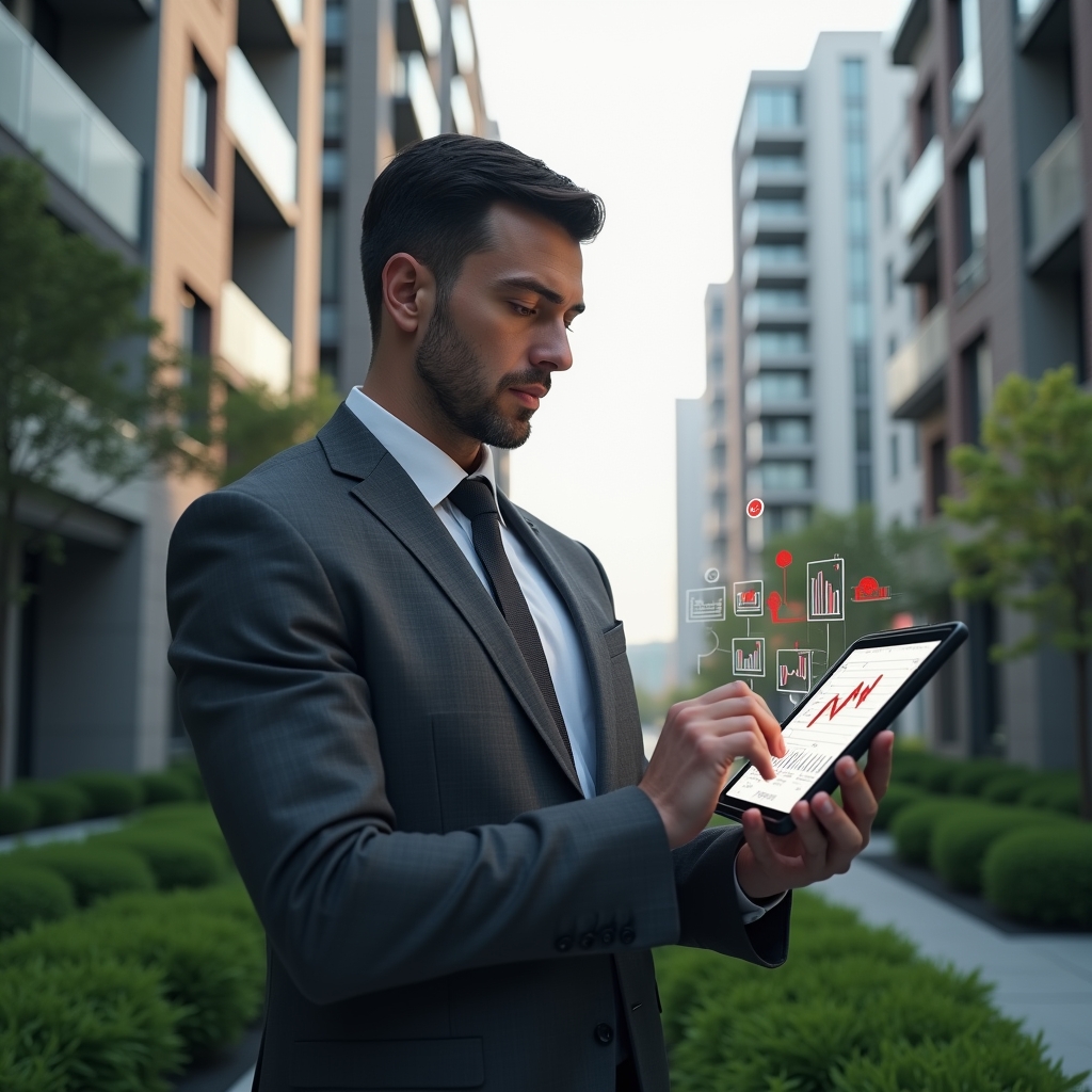 (Ultra-realistic condominium manager in a charcoal gray suit, set in a modern luxury condominium environment with high-rise buildings and manicured green landscaping, reviewing a tablet displaying holographic financial charts and red warning icons, focused and confident expression, cinematic lighting, shallow depth of field, highly detailed textures, realistic skin, photographic realism, 8k resolution --ar 1:1 --v 6)