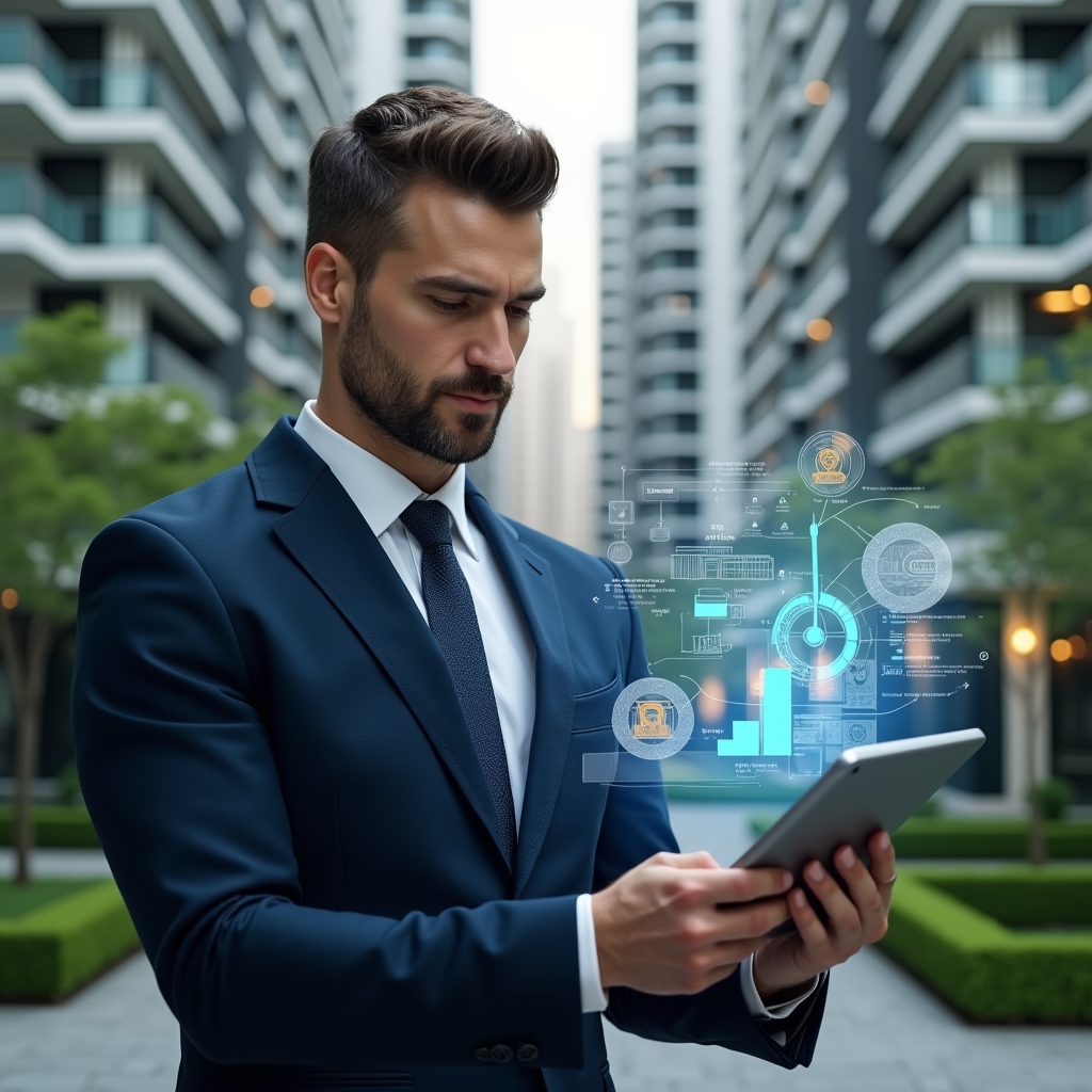 (Ultra-realistic professional property manager in a tailored navy suit, set in a modern luxury condominium environment with high-rise buildings and lush green landscaping, examining a digital tablet displaying holographic cost-saving charts and repair blueprints, confident and thoughtful expression, semi-transparent icons of tools and budget graphs floating beside, cinematic lighting, shallow depth of field, highly detailed textures, realistic skin, photographic realism, 8k resolution --ar 1:1 --v 6)