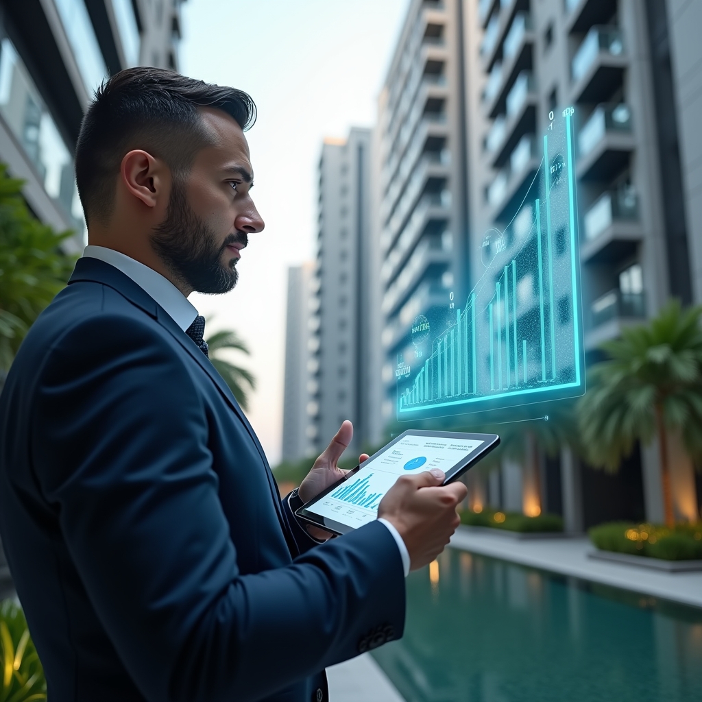 Ultra-realistic condo manager in a navy suit, set in a modern luxury condominium environment with high-rise buildings and green landscaping, examining a holographic descending cost chart representing reduced expenses, holding a tablet displaying budget graphs, cinematic lighting, shallow depth of field, highly detailed textures, realistic skin, photographic realism, 8k resolution --ar 1:1 --v 6