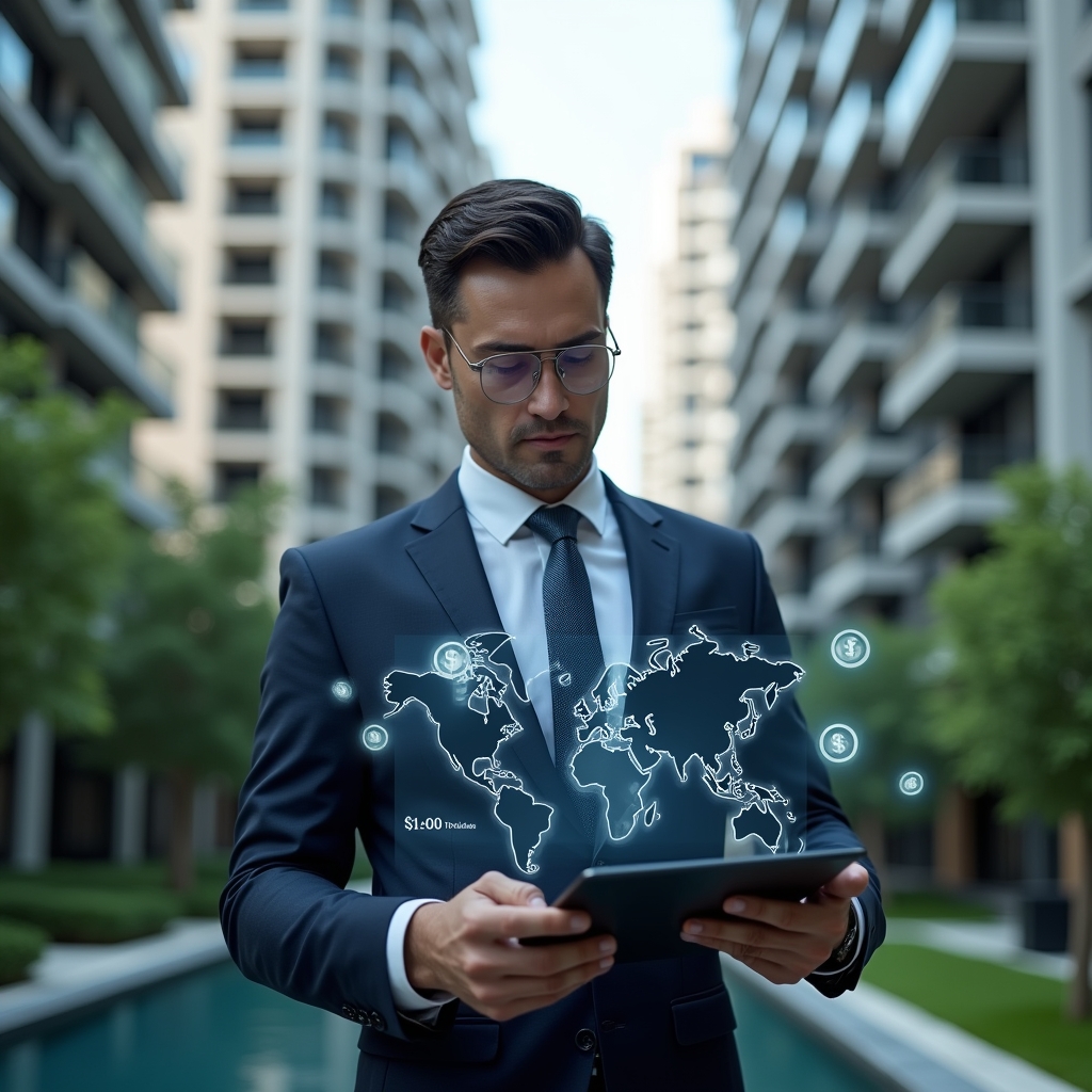 Ultra-realistic condominium manager in a tailored navy-blue suit, set in a modern luxury condominium environment with high-rise buildings and lush green landscaping, analyzing holographic financial charts projected above a digital tablet, floating icons of coins and budget graphs around them, confident and focused expression, cinematic lighting, shallow depth of field, highly detailed textures, realistic skin, photographic realism, 8k resolution --ar 1:1 --v 6