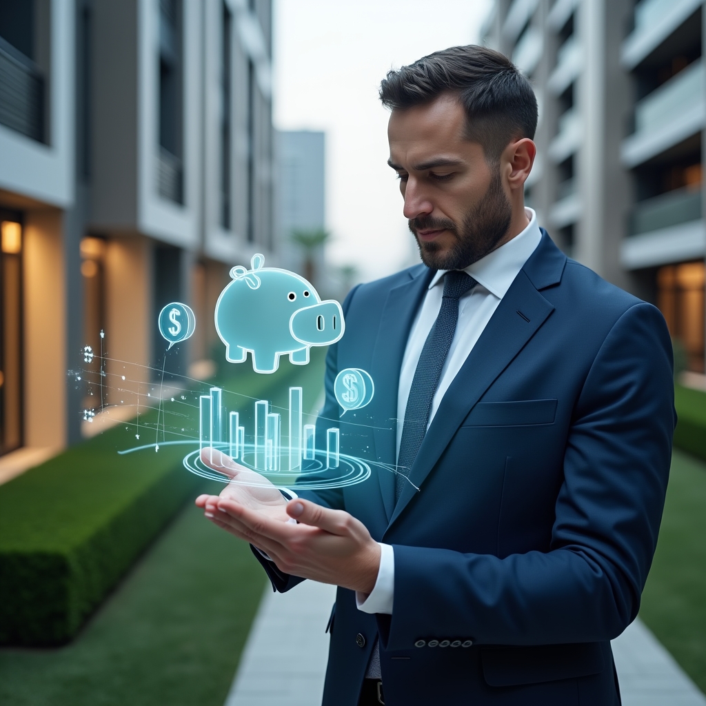(Ultra-realistic condominium manager in a navy blue tailored suit, set in a modern luxury condominium environment with high-rise buildings and manicured green landscaping, medium close-up frame of a confident professional examining a floating holographic chart of expenses and savings icons, with translucent piggy bank and coin stack symbols hovering nearby, cinematic lighting, shallow depth of field, highly detailed textures, realistic skin, photographic realism, 8k resolution --ar 1:1 --v 6)