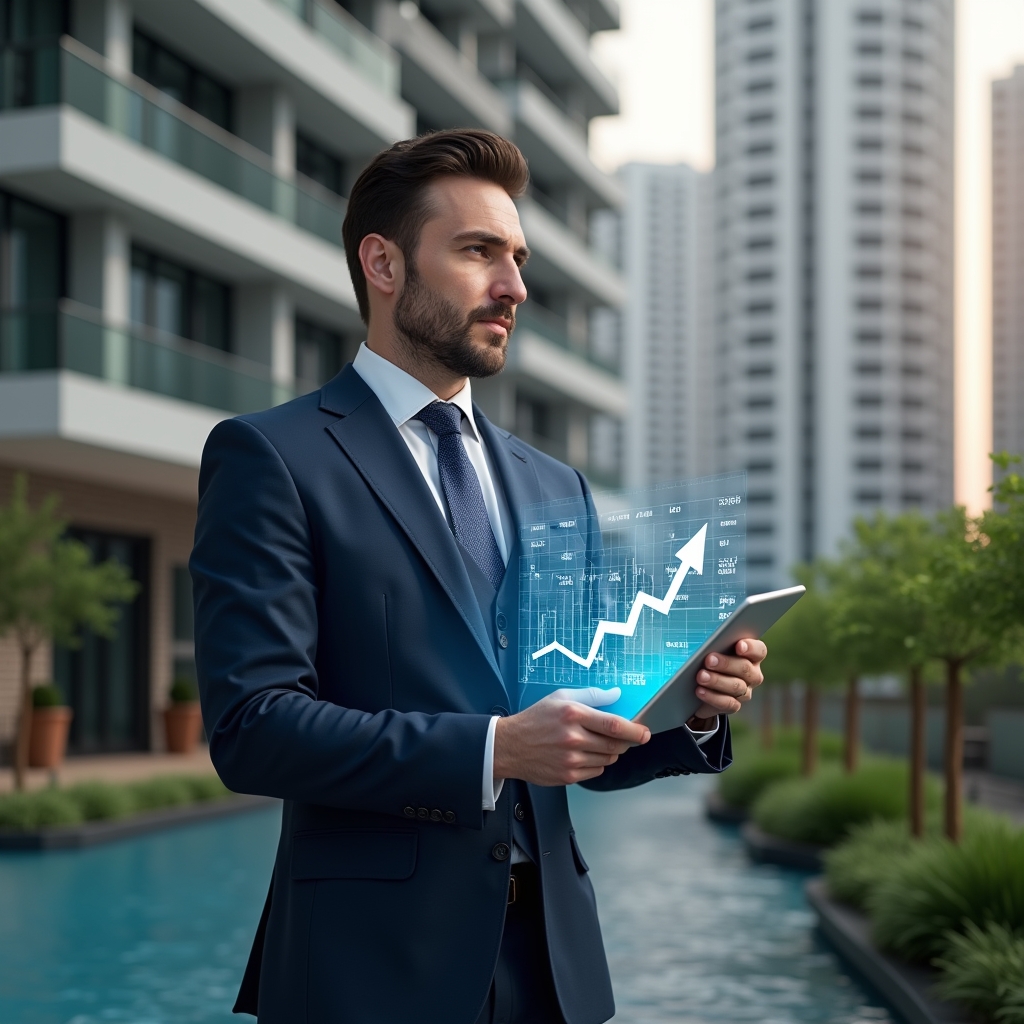 (Ultra-realistic condominium manager in a navy suit, set in a modern luxury condominium environment with high-rise buildings and green landscaping, holding a tablet displaying holographic budget charts with a downward arrow symbolizing cost savings, analyzing finances with a confident expression, cinematic lighting, shallow depth of field, highly detailed textures, realistic skin, photographic realism, 8k resolution --ar 1:1 --v 6)