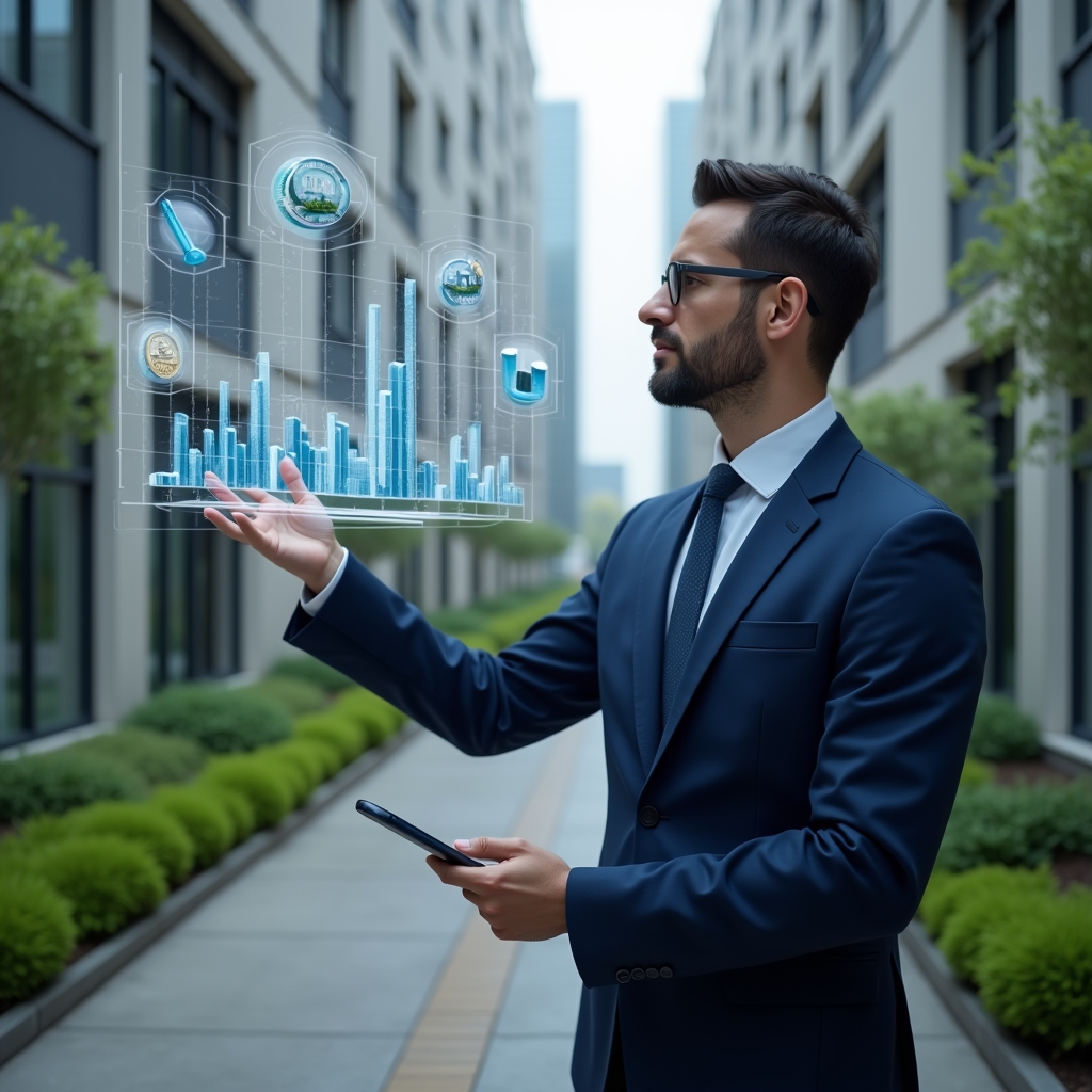 Ultra-realistic condominium manager in a navy blue suit, set in a modern luxury condominium environment with high-rise buildings and manicured green landscaping, confidently analyzing a holographic financial chart displaying cost-saving graphs and budget projections, floating icons of coins and maintenance tools, cinematic lighting, shallow depth of field, highly detailed textures, realistic skin, photographic realism, 8k resolution --ar 1:1 --v 6