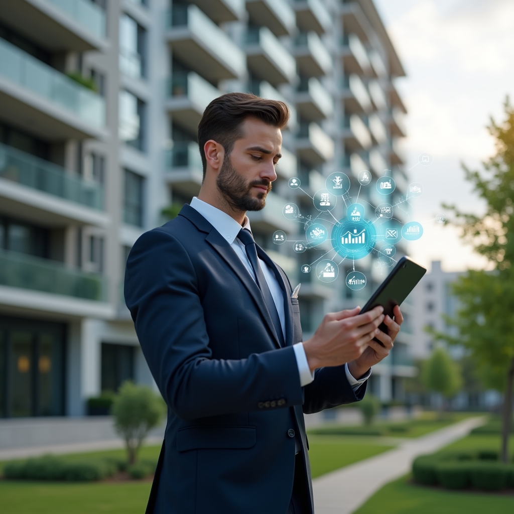 Ultra-realistic condominium manager in a navy executive suit, set in a modern luxury condominium environment with high-rise buildings and lush green landscaping, mid shot showing a confident, focused professional holding a tablet that projects holographic budget graphs and cost-saving icons, cinematic lighting, shallow depth of field, highly detailed textures, realistic skin, photographic realism, 8k resolution --ar 1:1 --v 6
